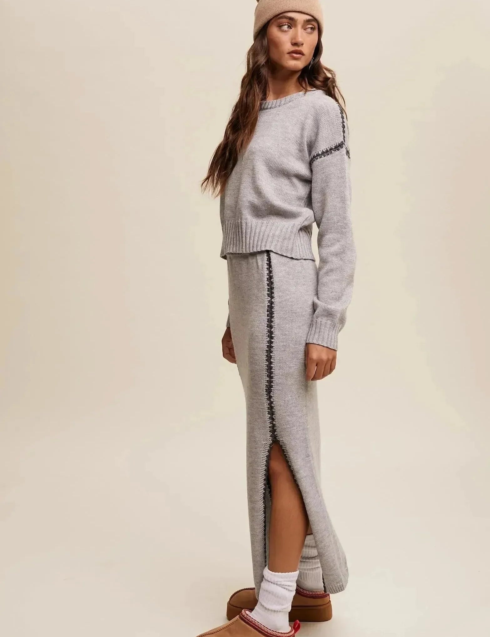 LISTICLE Contrast Stitch Knit Sweater and Long Skirt Set - Heather Grey on Simply Obsessed