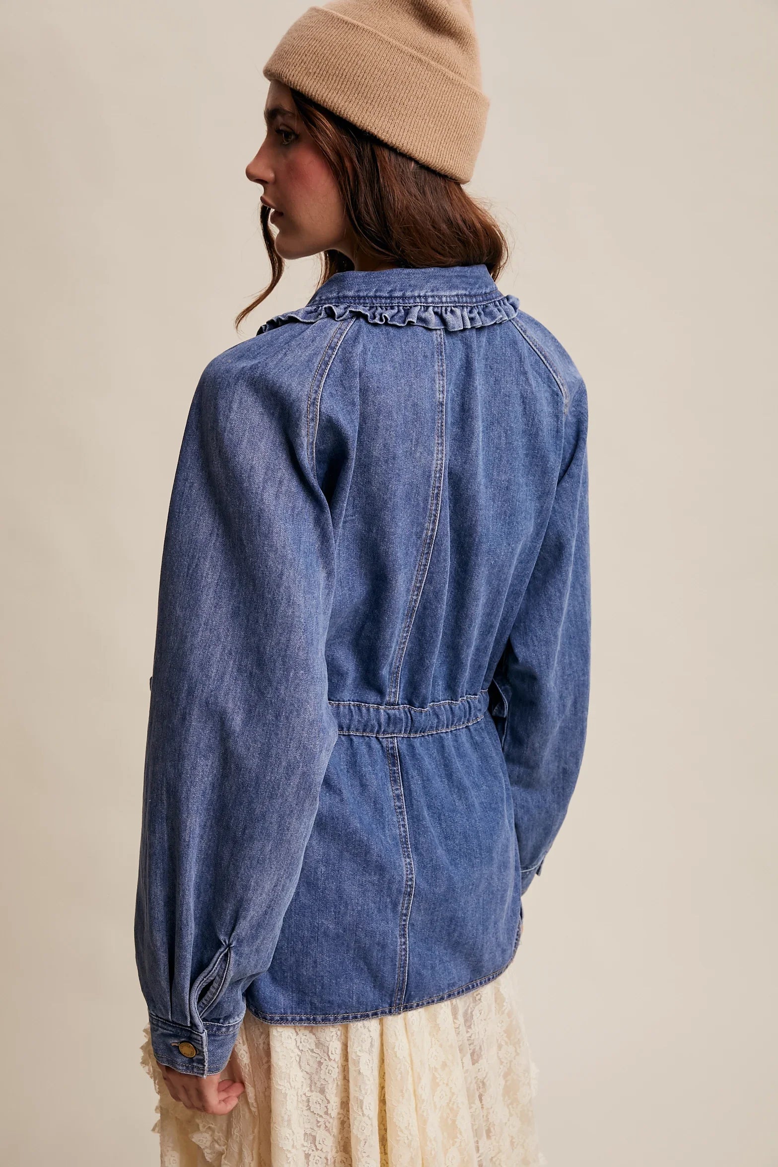 LISTICLE Denim Utility Jacket w/ Ruffle Accent - BLUE HAZE on Simply Obsessed