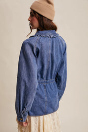 LISTICLE Denim Utility Jacket w/ Ruffle Accent - BLUE HAZE on Simply Obsessed