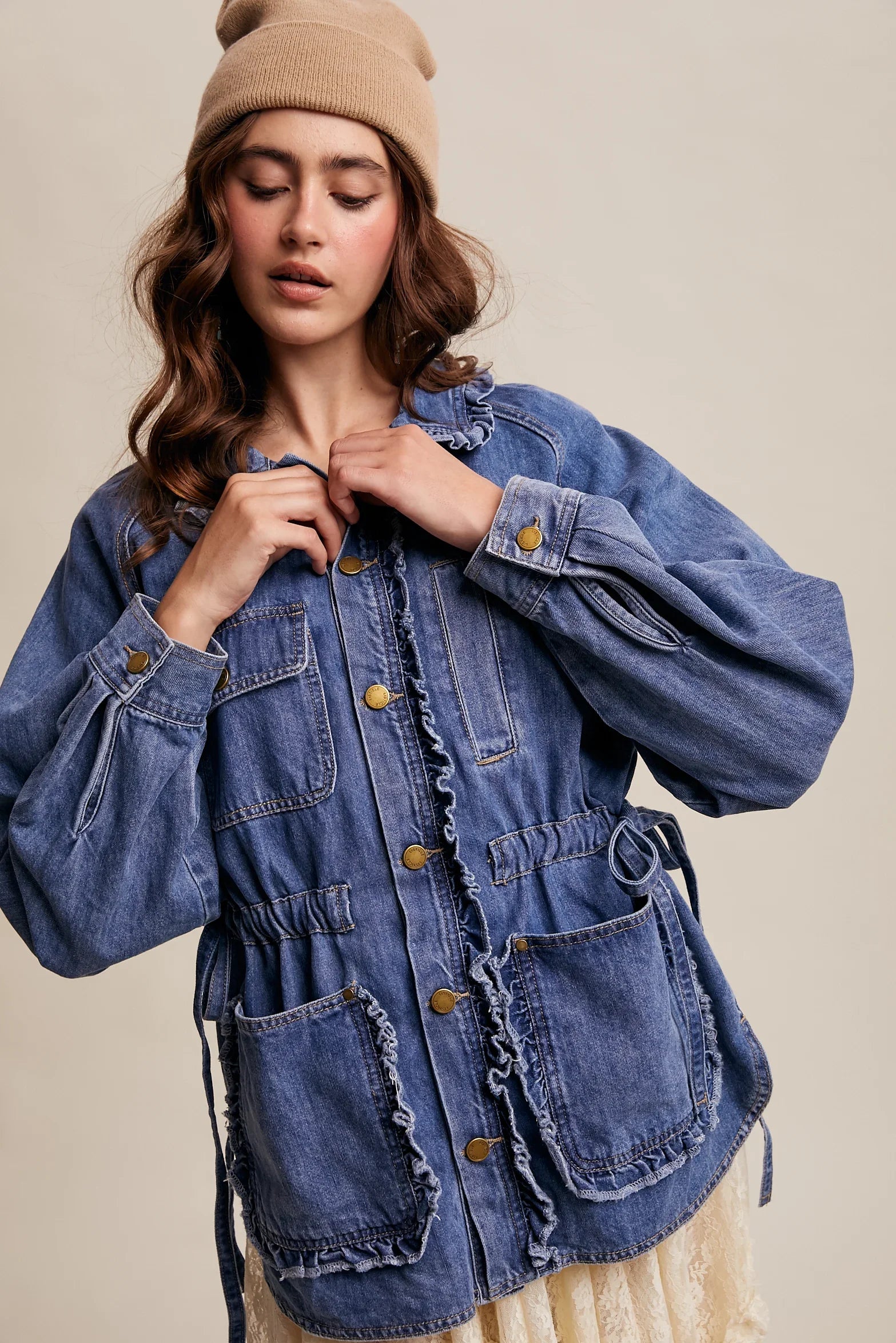 LISTICLE Denim Utility Jacket w/ Ruffle Accent - BLUE HAZE on Simply Obsessed