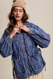 LISTICLE Denim Utility Jacket w/ Ruffle Accent - BLUE HAZE on Simply Obsessed