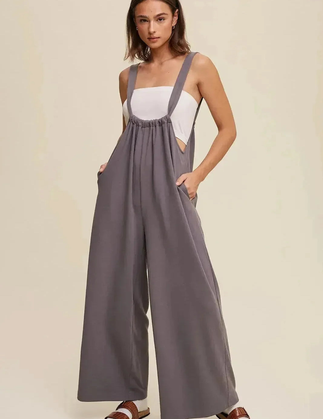 LISTICLE Drawstring Loose Fit Knit Jumpsuit - Grey on Simply Obsessed