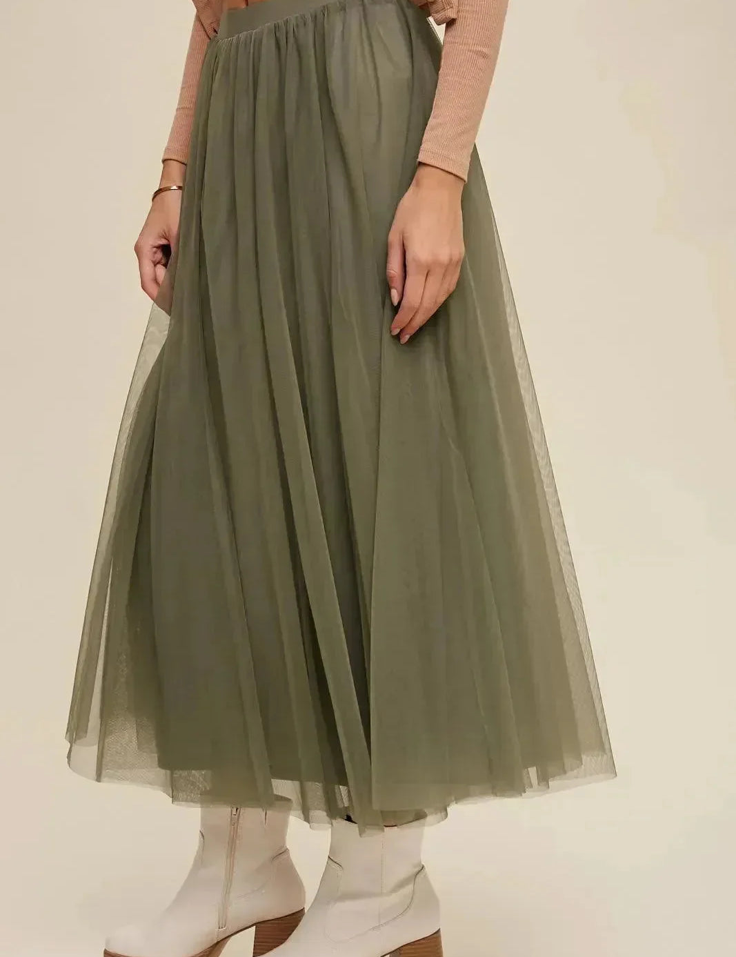 LISTICLE Elastic Waist Maxi Tulle Skirt - Sage on Simply Obsessed