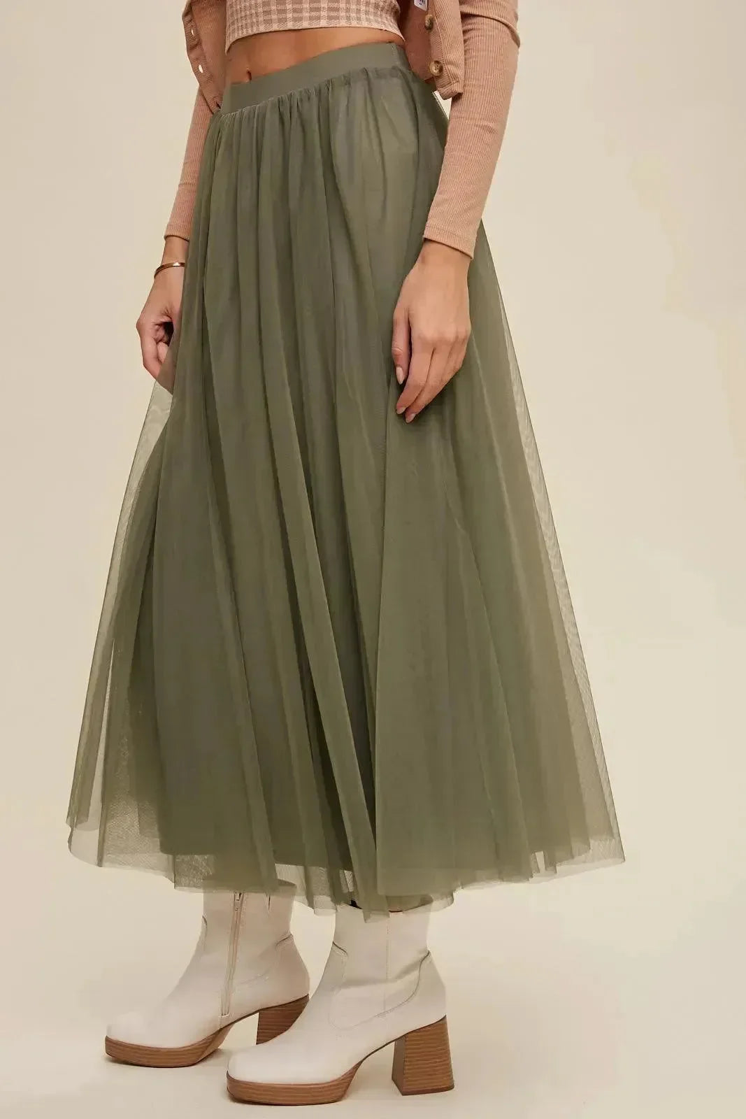 LISTICLE Elastic Waist Maxi Tulle Skirt - Sage on Simply Obsessed