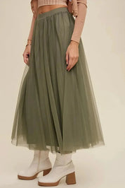 LISTICLE Elastic Waist Maxi Tulle Skirt - Sage on Simply Obsessed