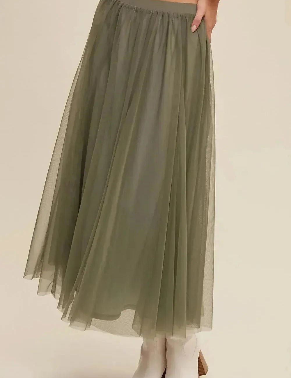 LISTICLE Elastic Waist Maxi Tulle Skirt - Sage on Simply Obsessed