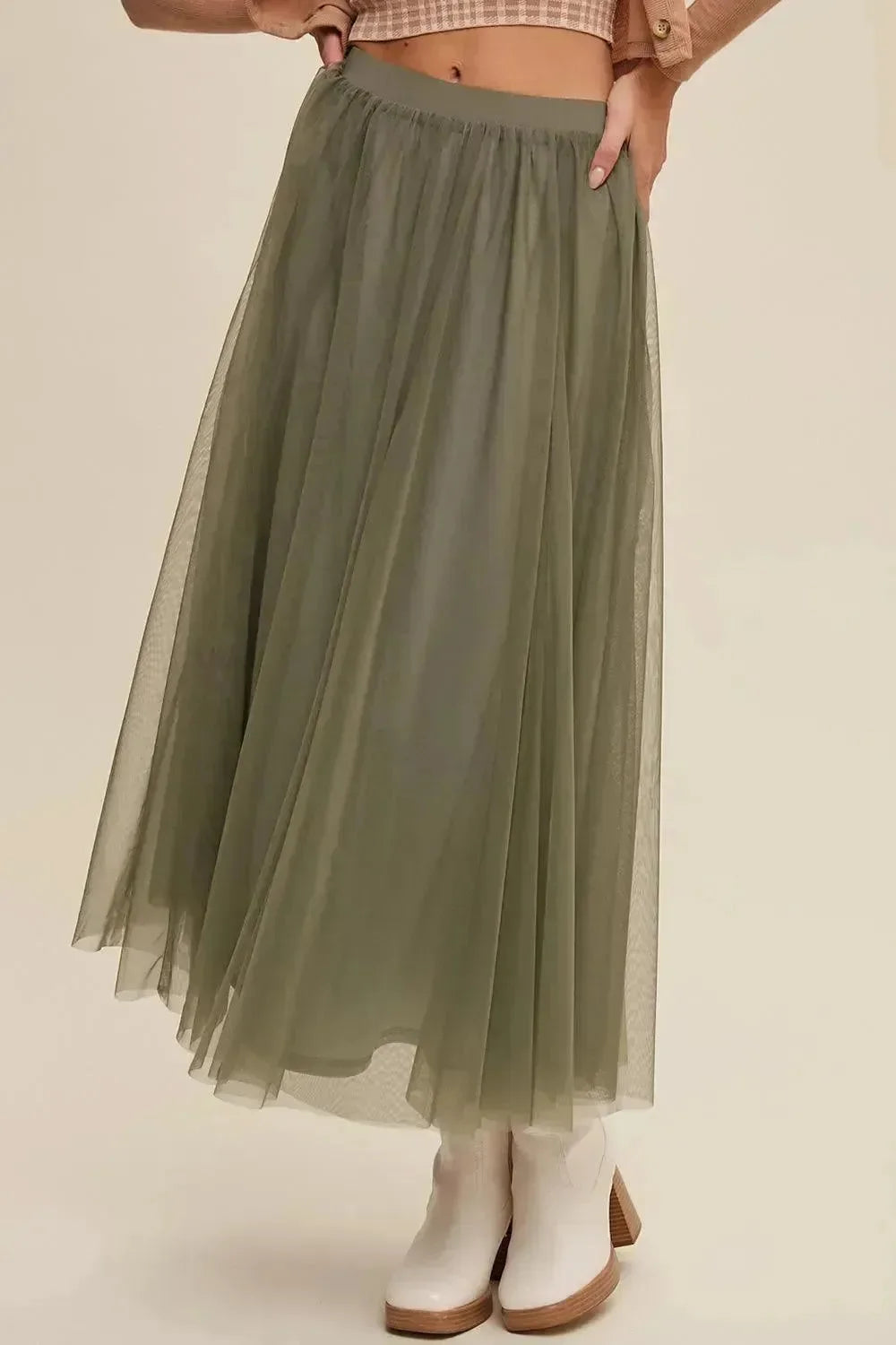 LISTICLE Elastic Waist Maxi Tulle Skirt - Sage on Simply Obsessed