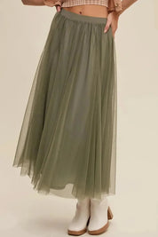 LISTICLE Elastic Waist Maxi Tulle Skirt - Sage on Simply Obsessed