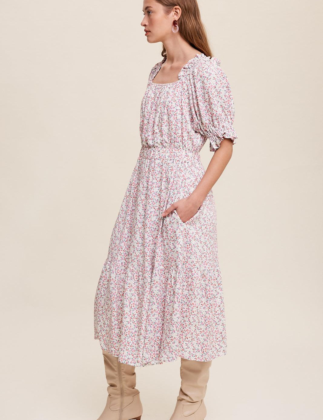 LISTICLE Floral Print Trim Flowy Midi Dress - CREAM on Simply Obsessed