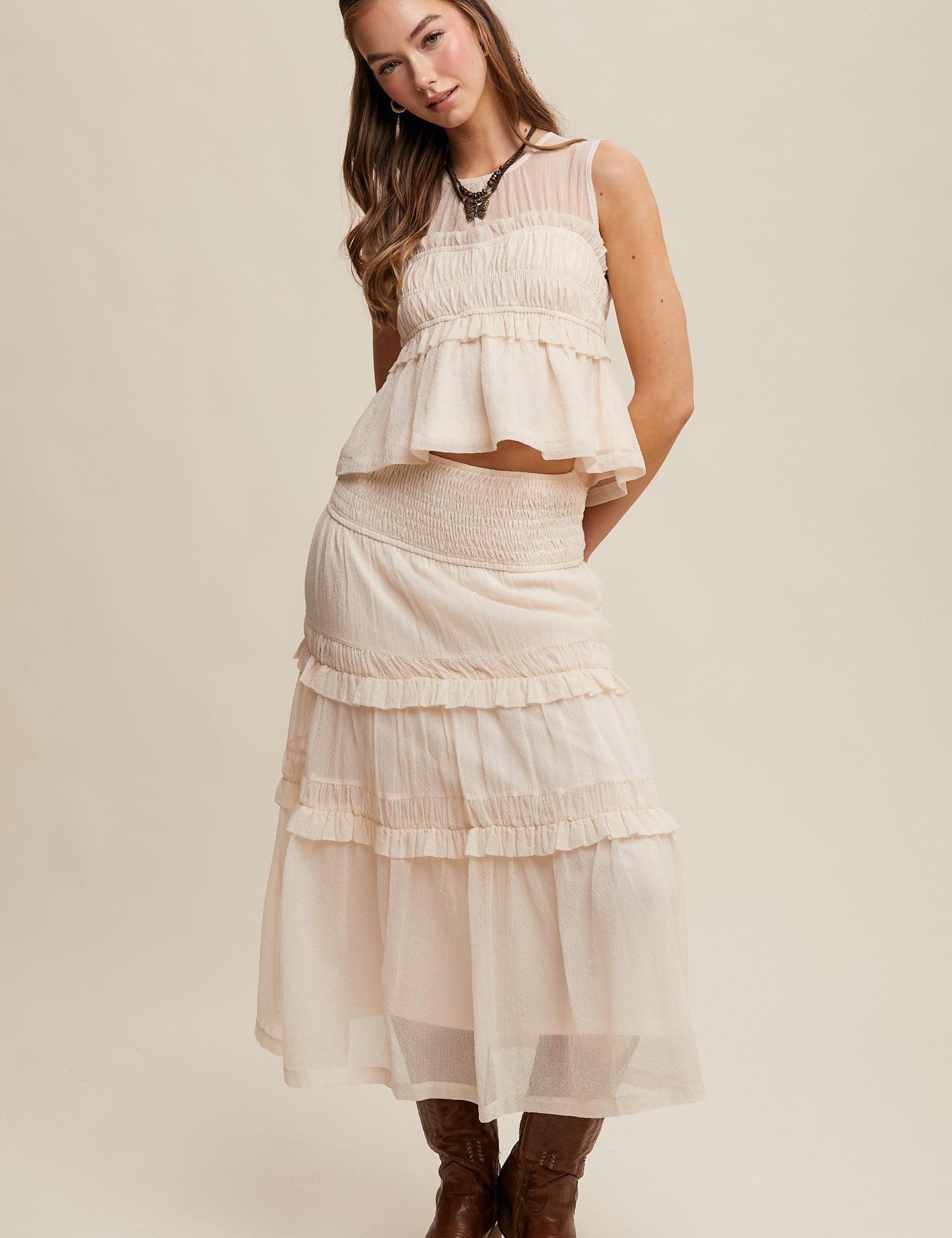 LISTICLE Peplum Top and Smocked Ruffle Tiered Skirt Set on Simply Obsessed