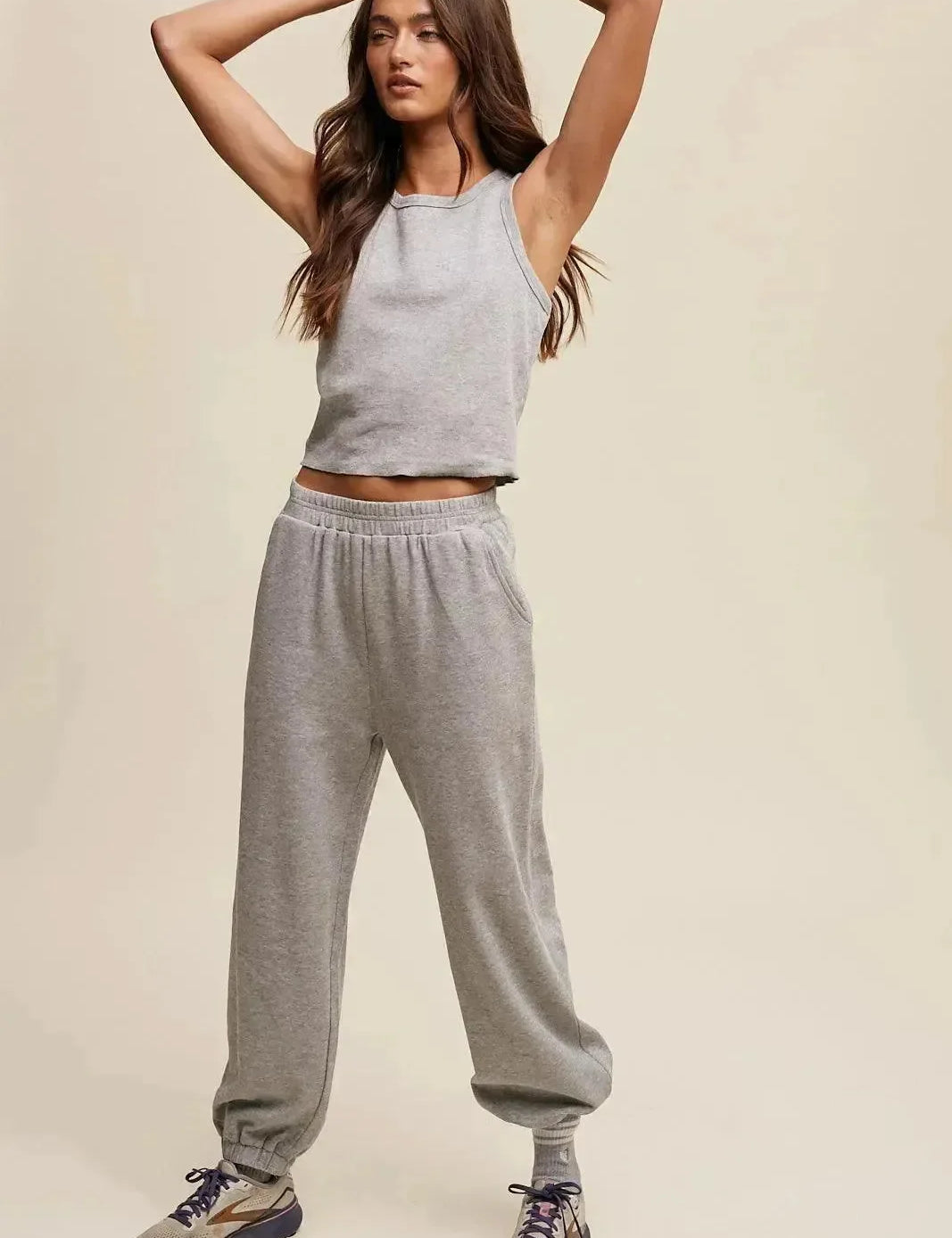 LISTICLE Ribbed Crop Top & Jogger Pant Knit Set - Heather Grey on Simply Obsessed