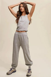 LISTICLE Ribbed Crop Top & Jogger Pant Knit Set - Heather Grey on Simply Obsessed