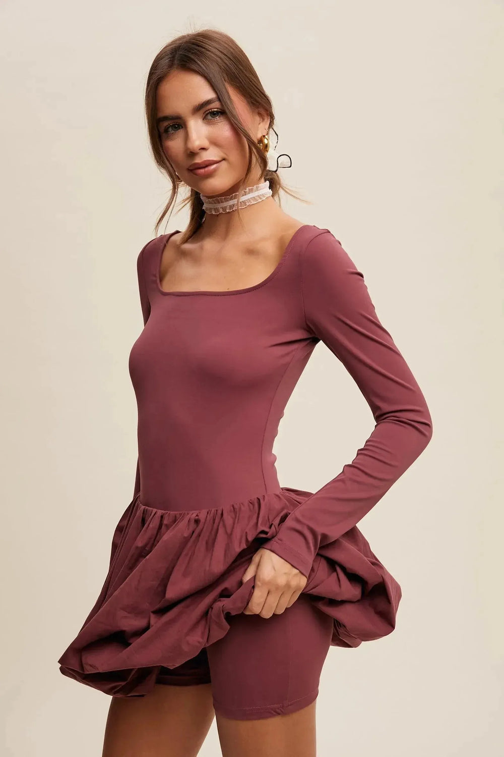 LISTICLE Square Neck Long Sleeve Bubble Skirt Dress Romer Liner - Grape on Simply Obsessed