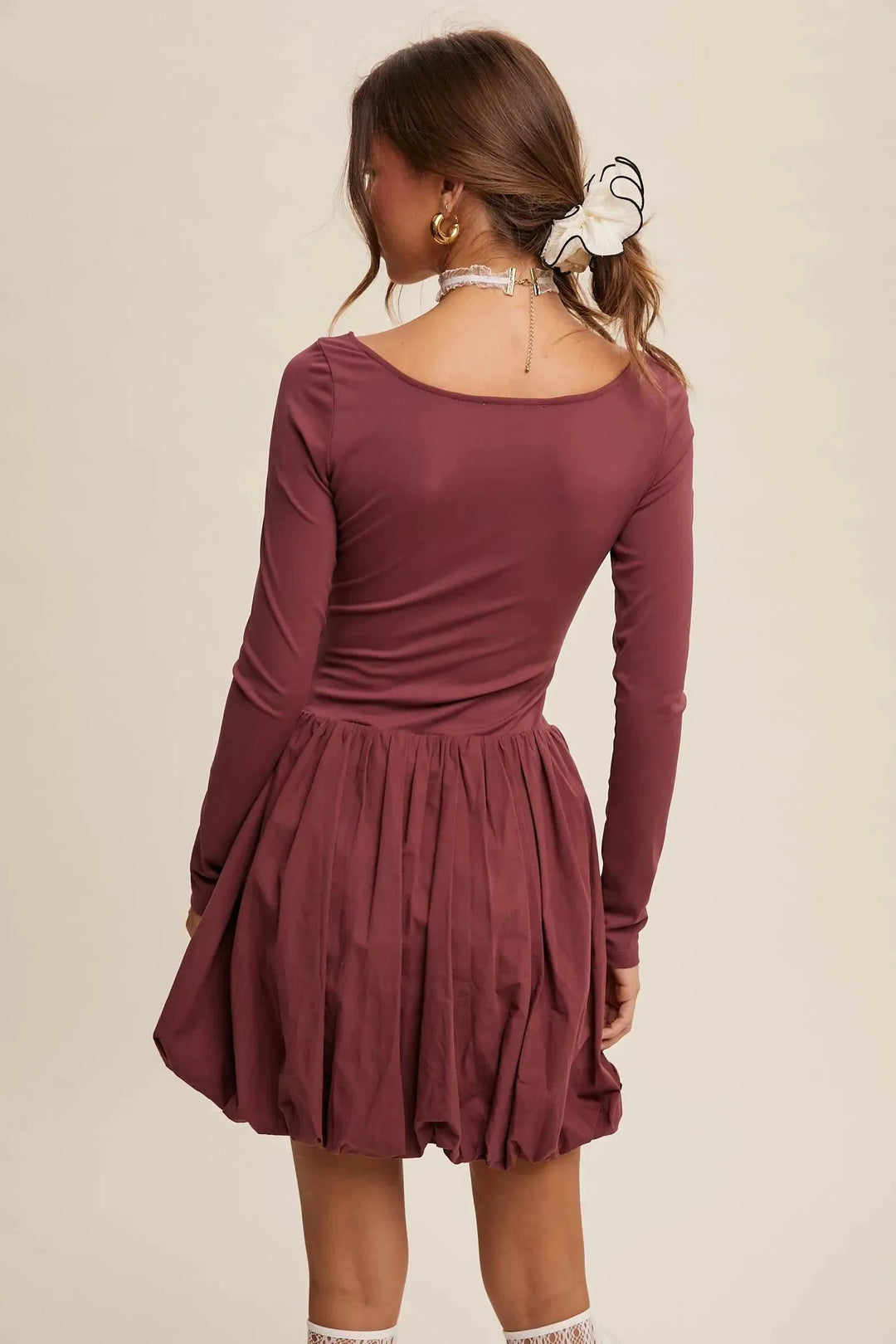 LISTICLE Square Neck Long Sleeve Bubble Skirt Dress Romer Liner - Grape on Simply Obsessed