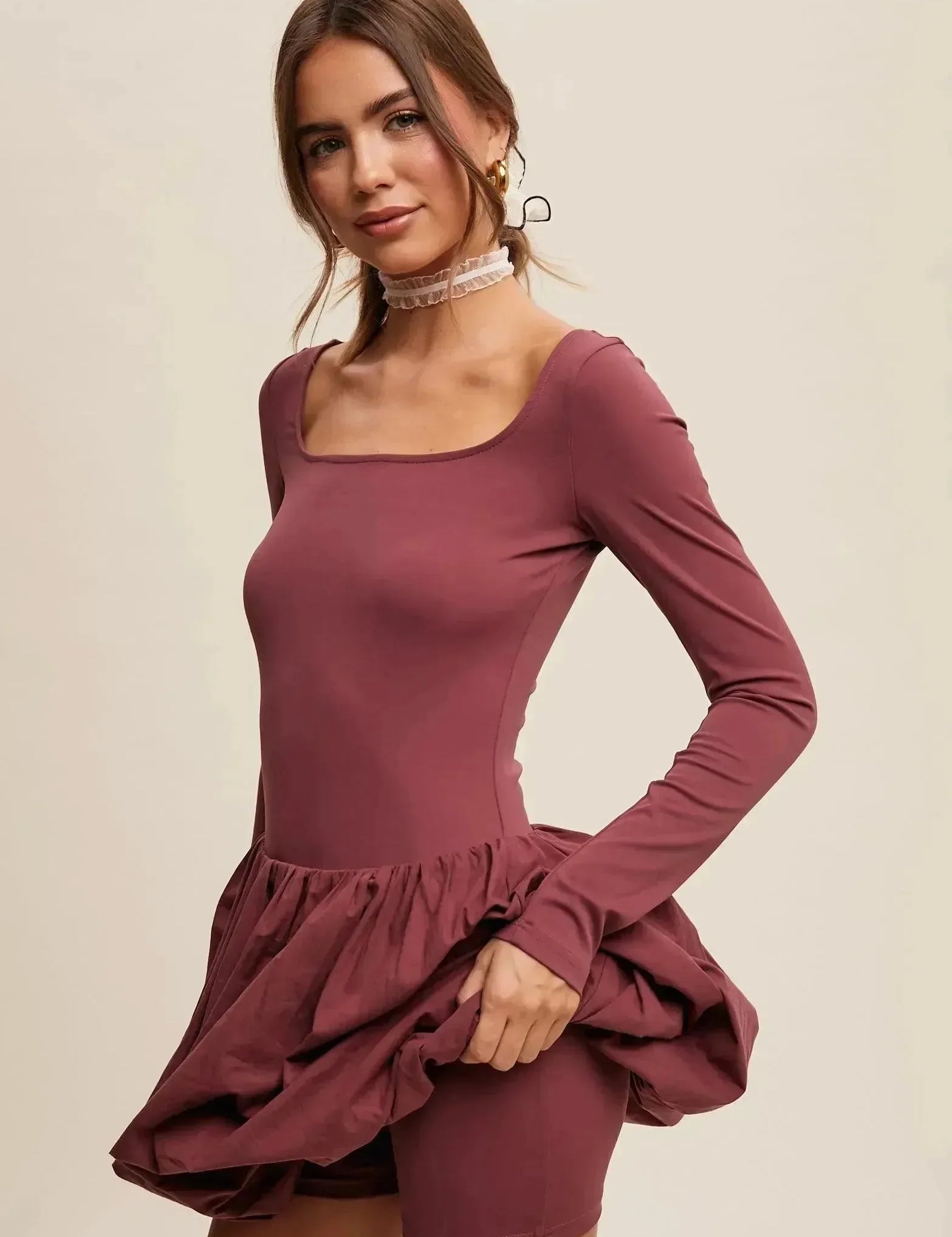 LISTICLE Square Neck Long Sleeve Bubble Skirt Dress Romer Liner - Grape on Simply Obsessed
