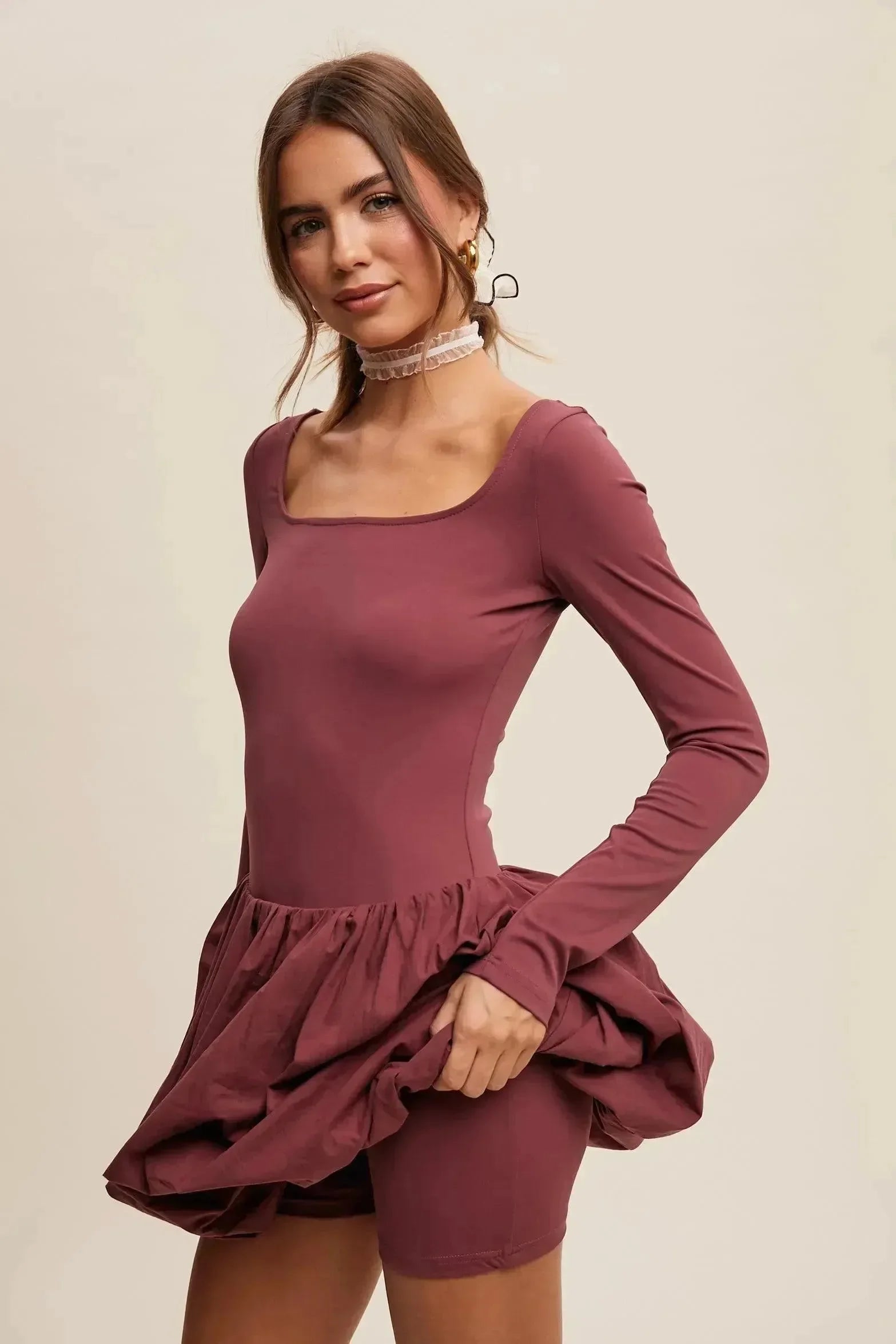 LISTICLE Square Neck Long Sleeve Bubble Skirt Dress Romer Liner - Grap Simply Obsessed LISTICLE Square Neck Long Sleeve Bubble Skirt Dress Romer Liner - Grap Simply Obsessed