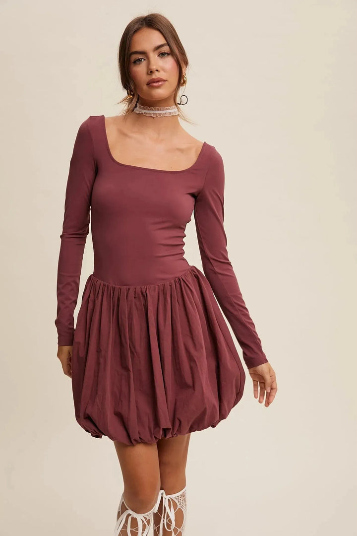 LISTICLE Square Neck Long Sleeve Bubble Skirt Dress Romer Liner - Grape on Simply Obsessed