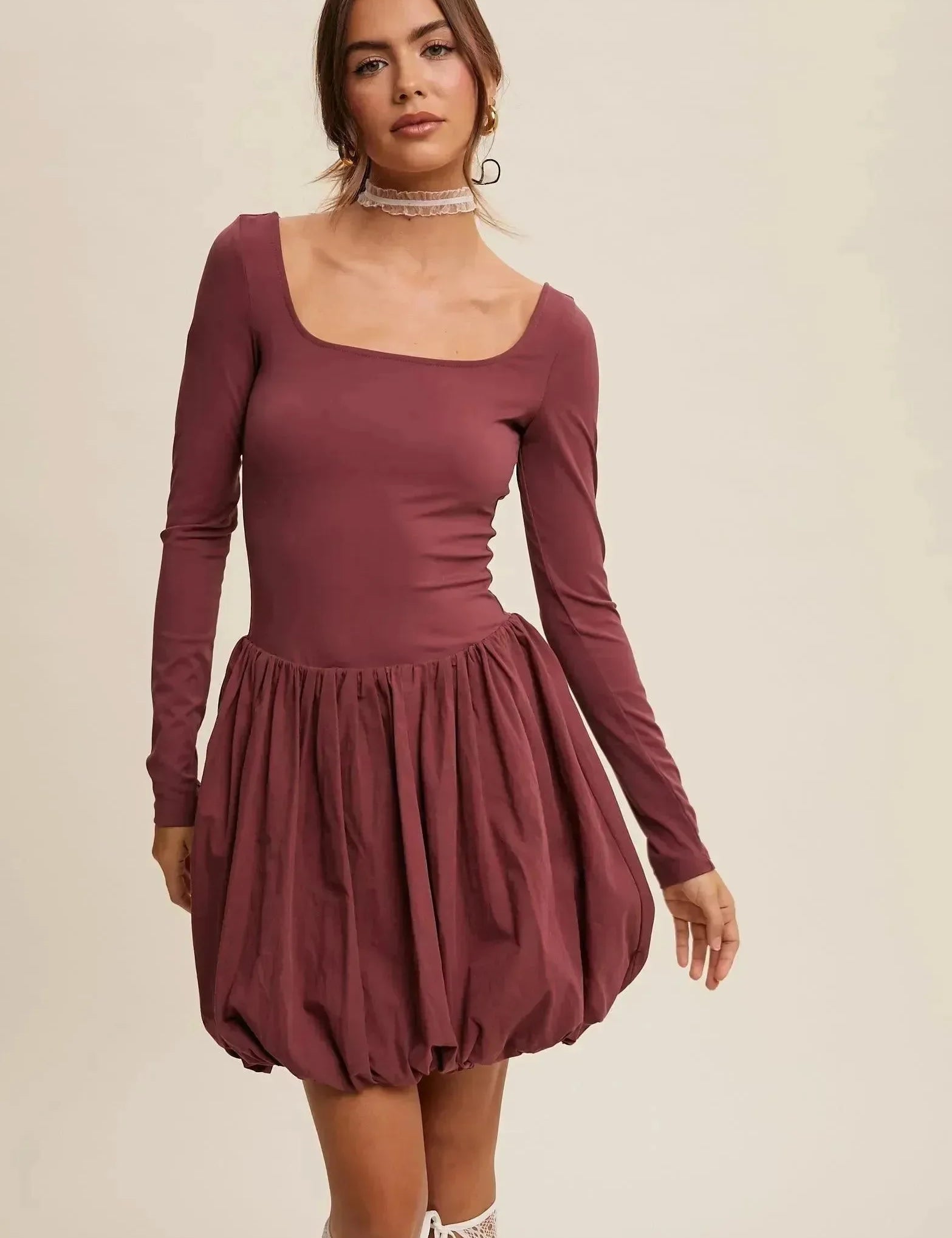 LISTICLE Square Neck Long Sleeve Bubble Skirt Dress Romer Liner - Grape on Simply Obsessed