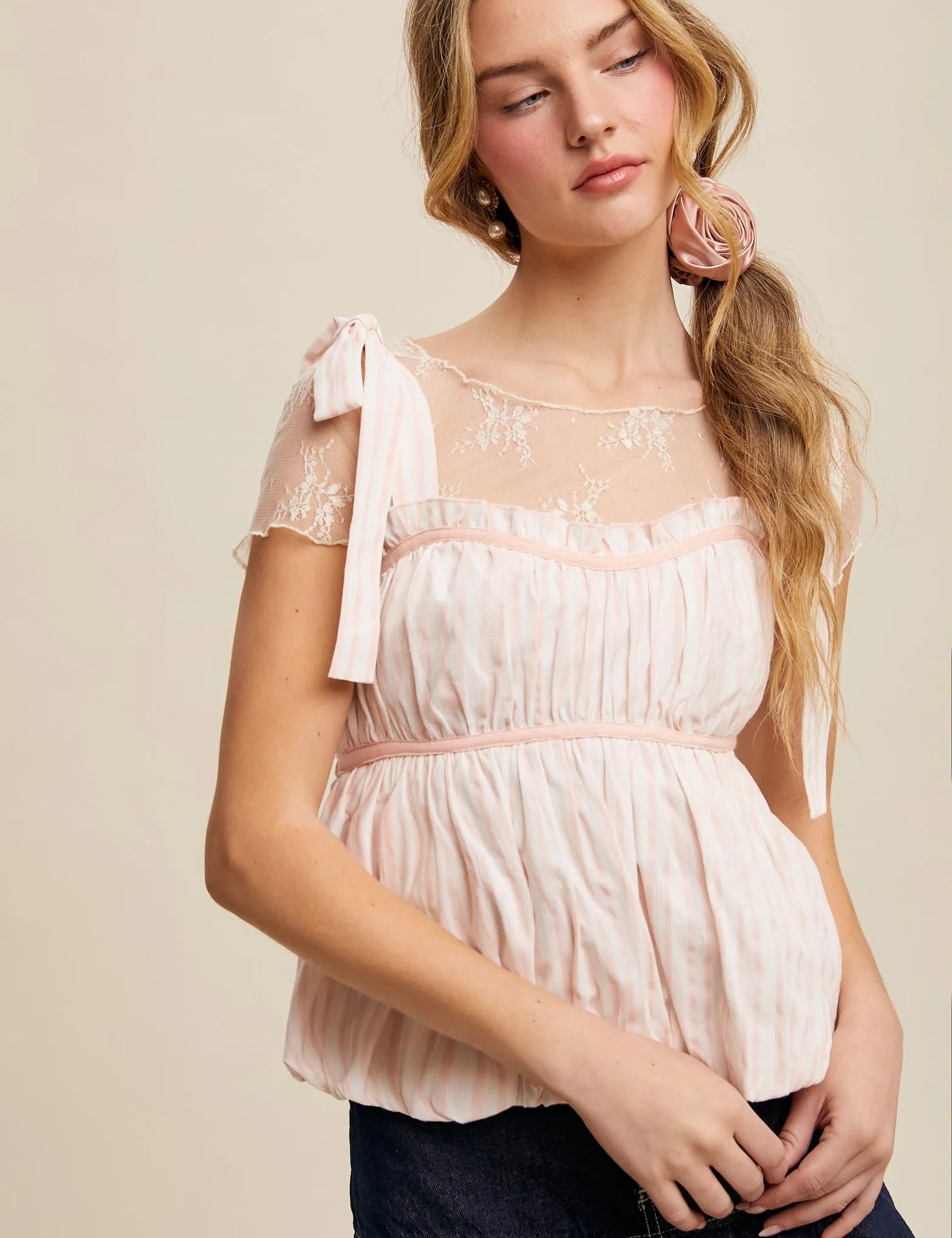 LISTICLE Striped Puff Babydoll Top - BLUSH on Simply Obsessed