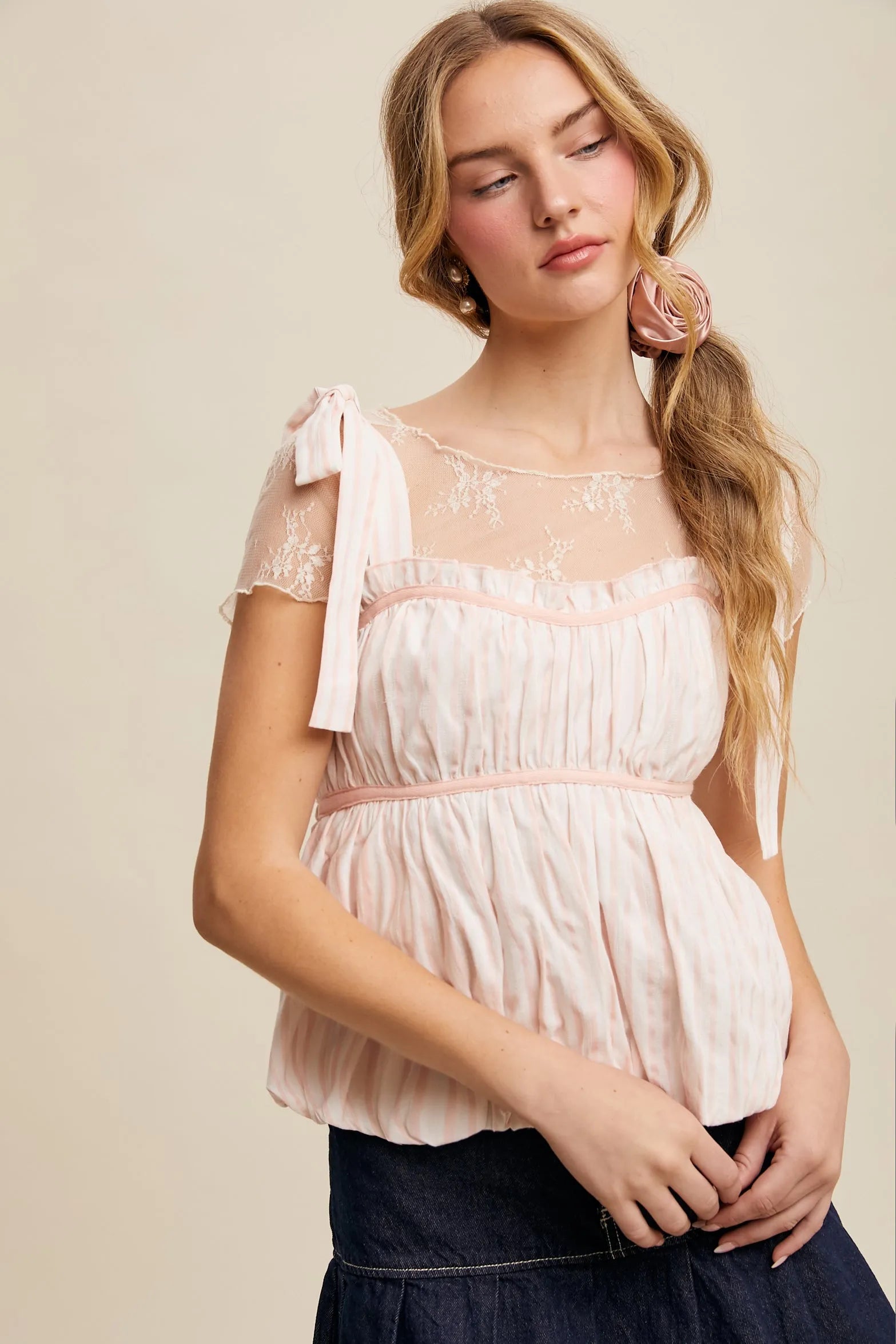 LISTICLE Striped Puff Babydoll Top - BLUSH on Simply Obsessed