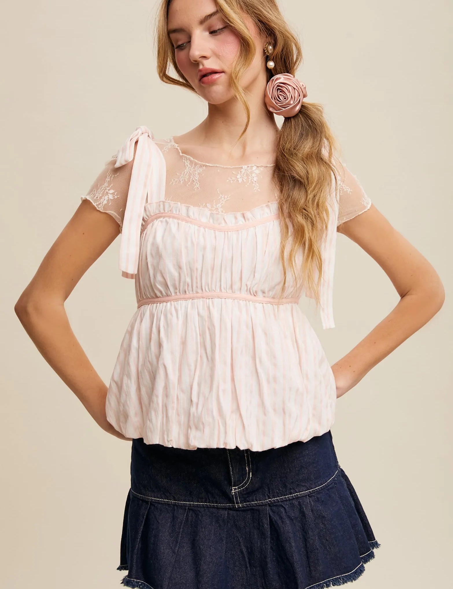 LISTICLE Striped Puff Babydoll Top - BLUSH on Simply Obsessed