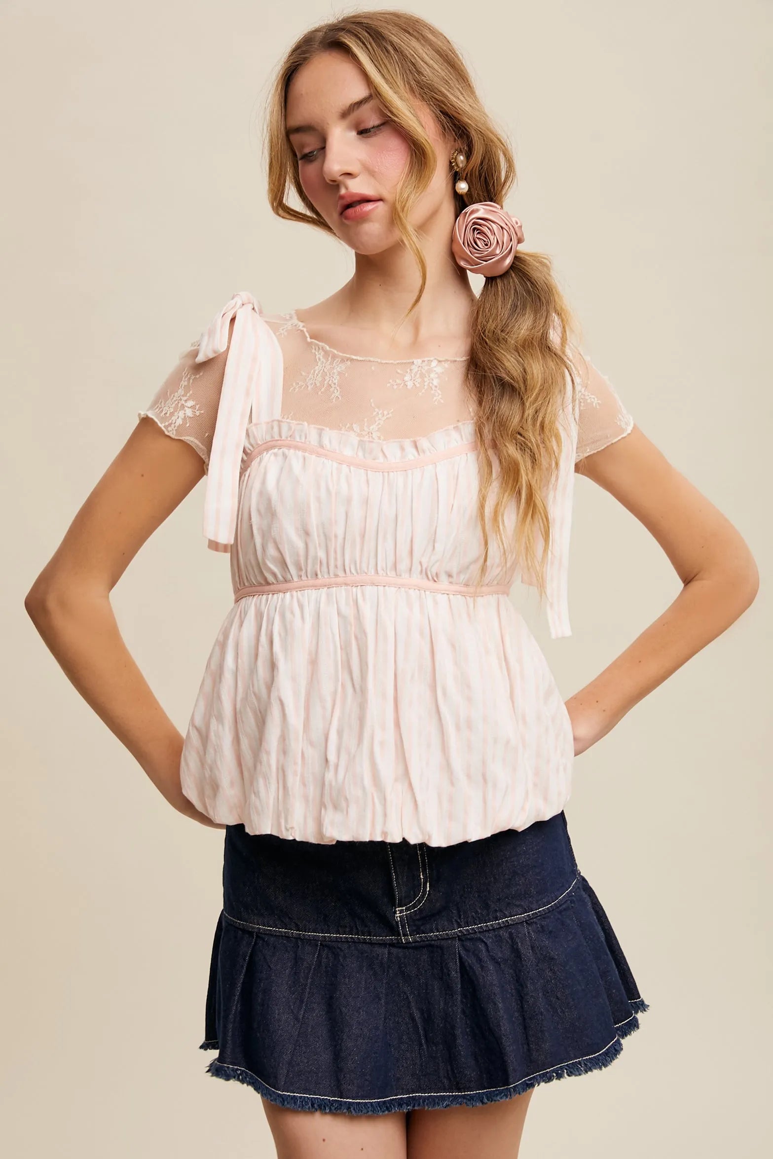 LISTICLE Striped Puff Babydoll Top - BLUSH on Simply Obsessed
