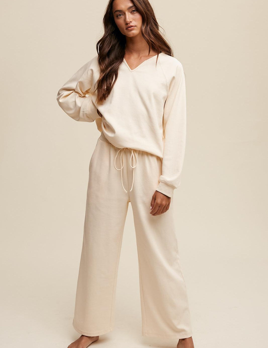 LISTICLE V-Neck Stretchy Sweat Set - CREAM on Simply Obsessed