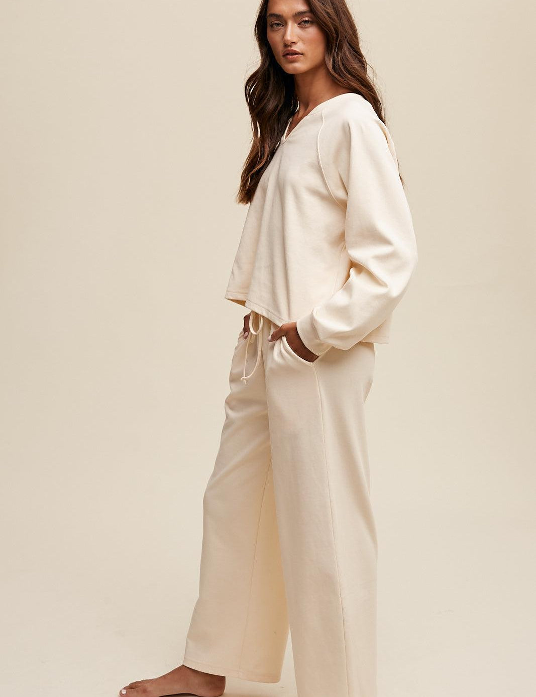 LISTICLE V-Neck Stretchy Sweat Set - CREAM on Simply Obsessed