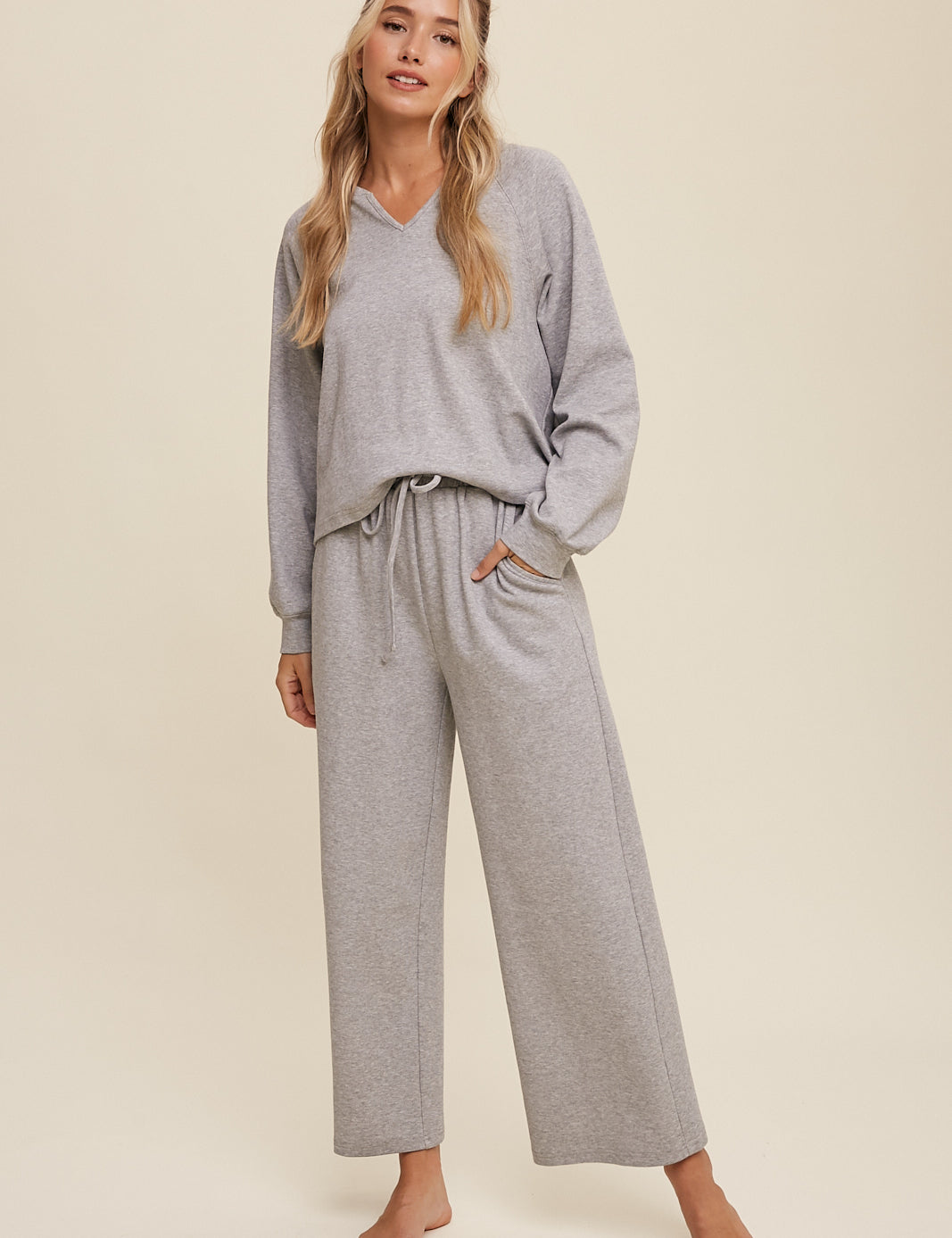 LISTICLE V-Neck Stretchy Sweat Set - HEATHER GREY on Simply Obsessed