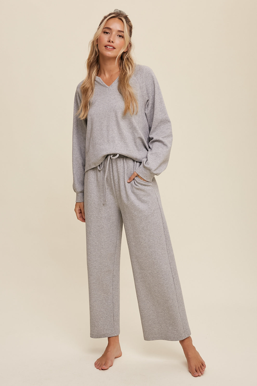 LISTICLE V-Neck Stretchy Sweat Set - HEATHER GREY on Simply Obsessed