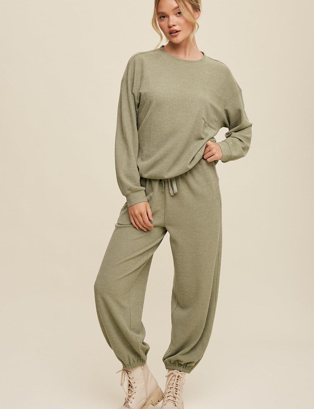 LISTICLE Waffle Knit Long Sleeve Jogger Pant Set - OLIVE on Simply Obsessed