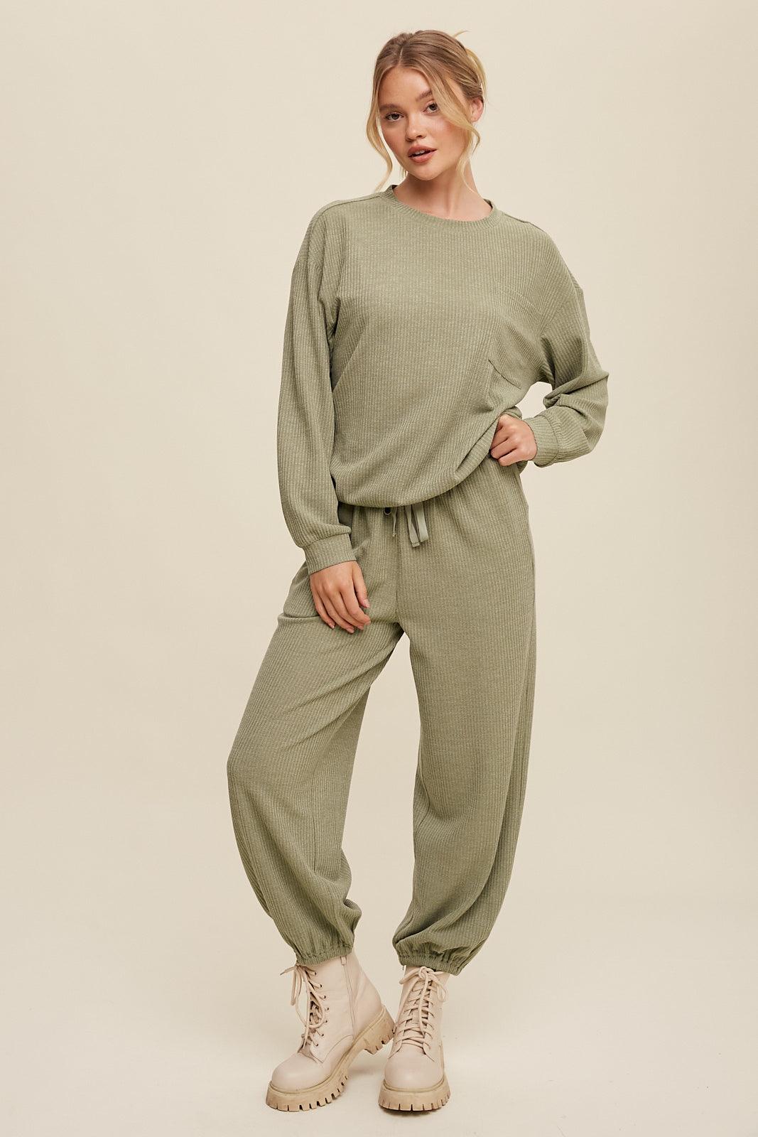 LISTICLE Waffle Knit Long Sleeve Jogger Pant Set - OLIVE on Simply Obsessed