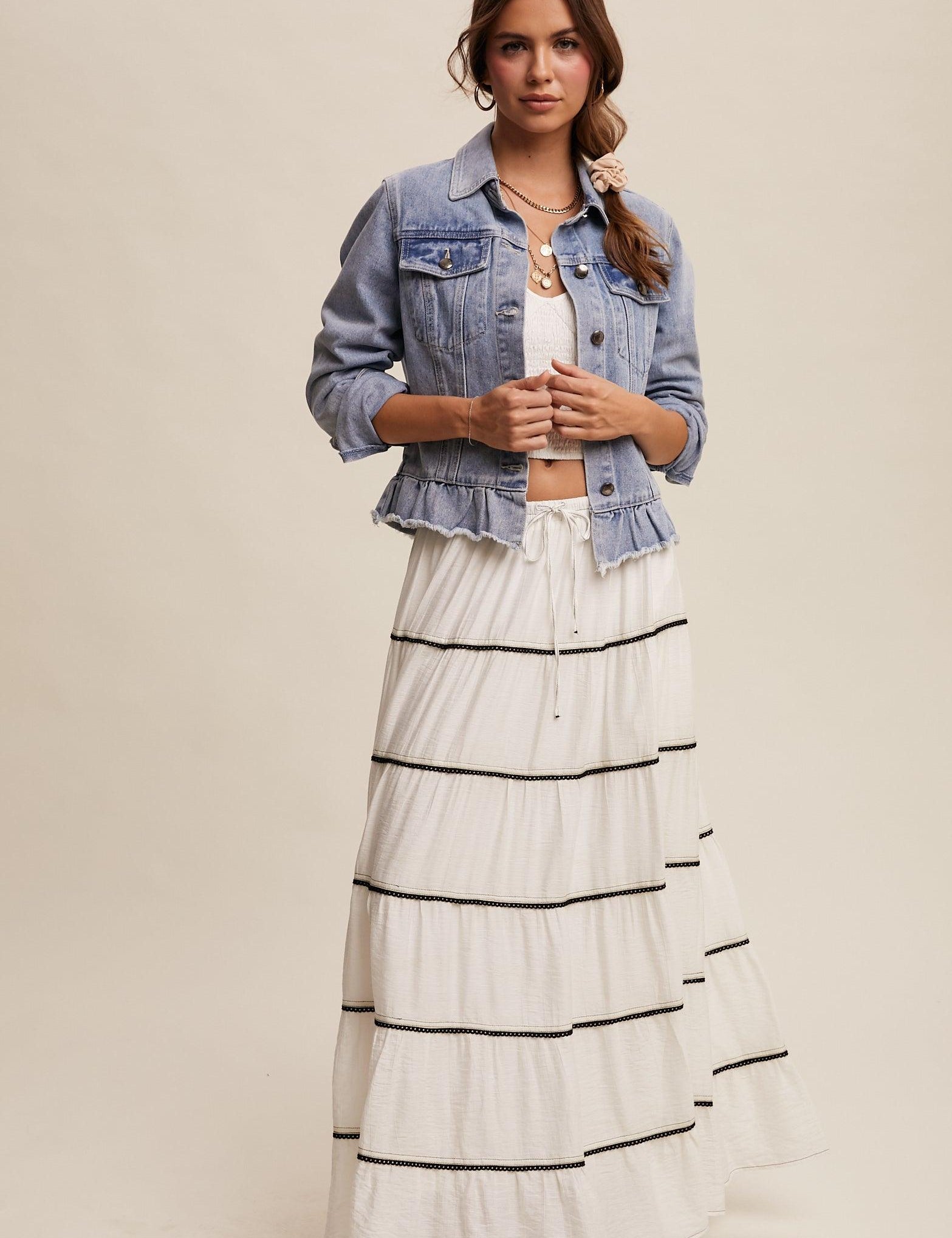 LISTICLE White Tiered Bohemian Maxi Skirt - WHITE on Simply Obsessed