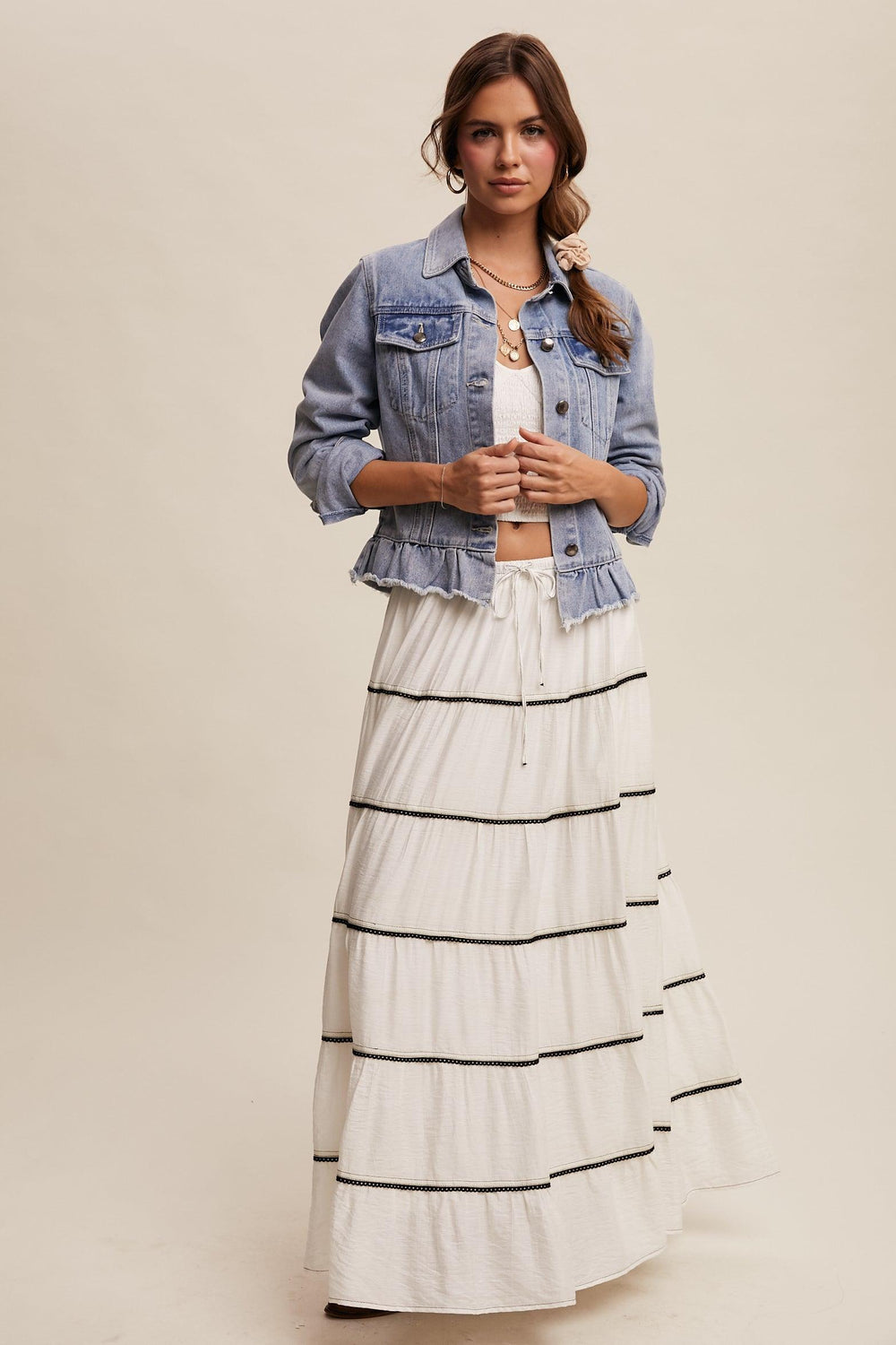 LISTICLE White Tiered Bohemian Maxi Skirt - WHITE on Simply Obsessed