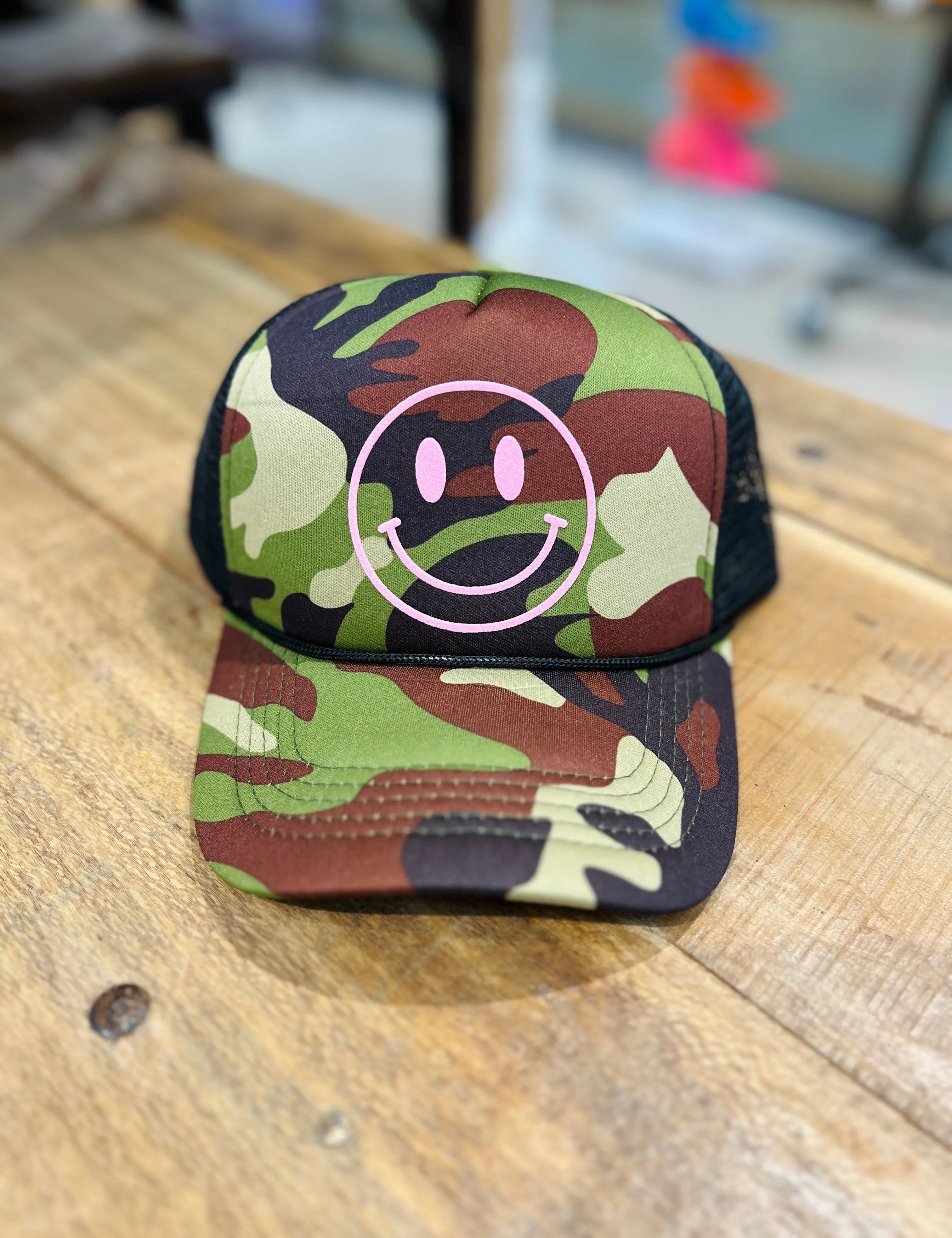 MALIBU HIPPIE Camo Smiley Trucker Hat on Simply Obsessed