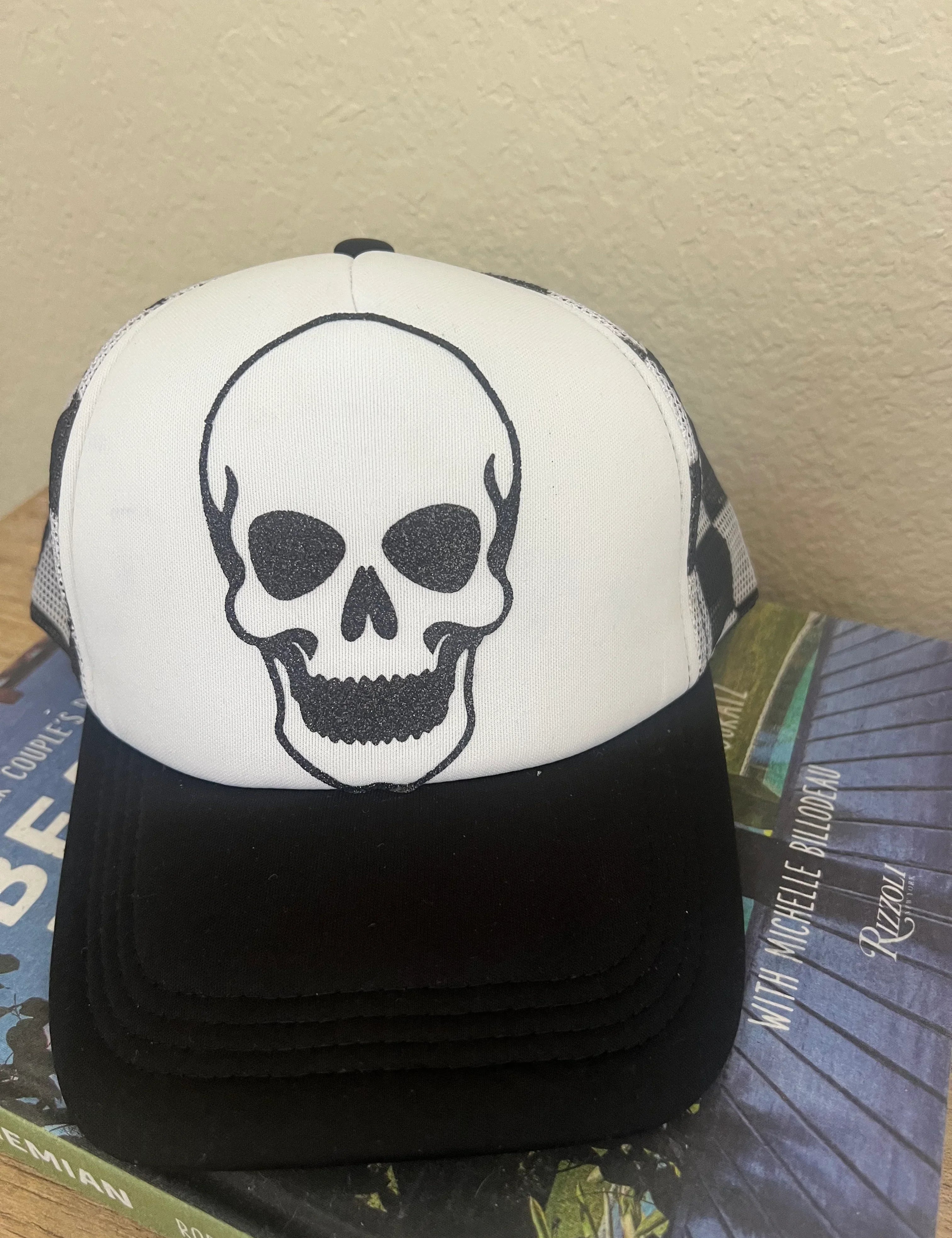 MALIBU HIPPIE Glitter Skull Checkered Trucker Hat on Simply Obsessed