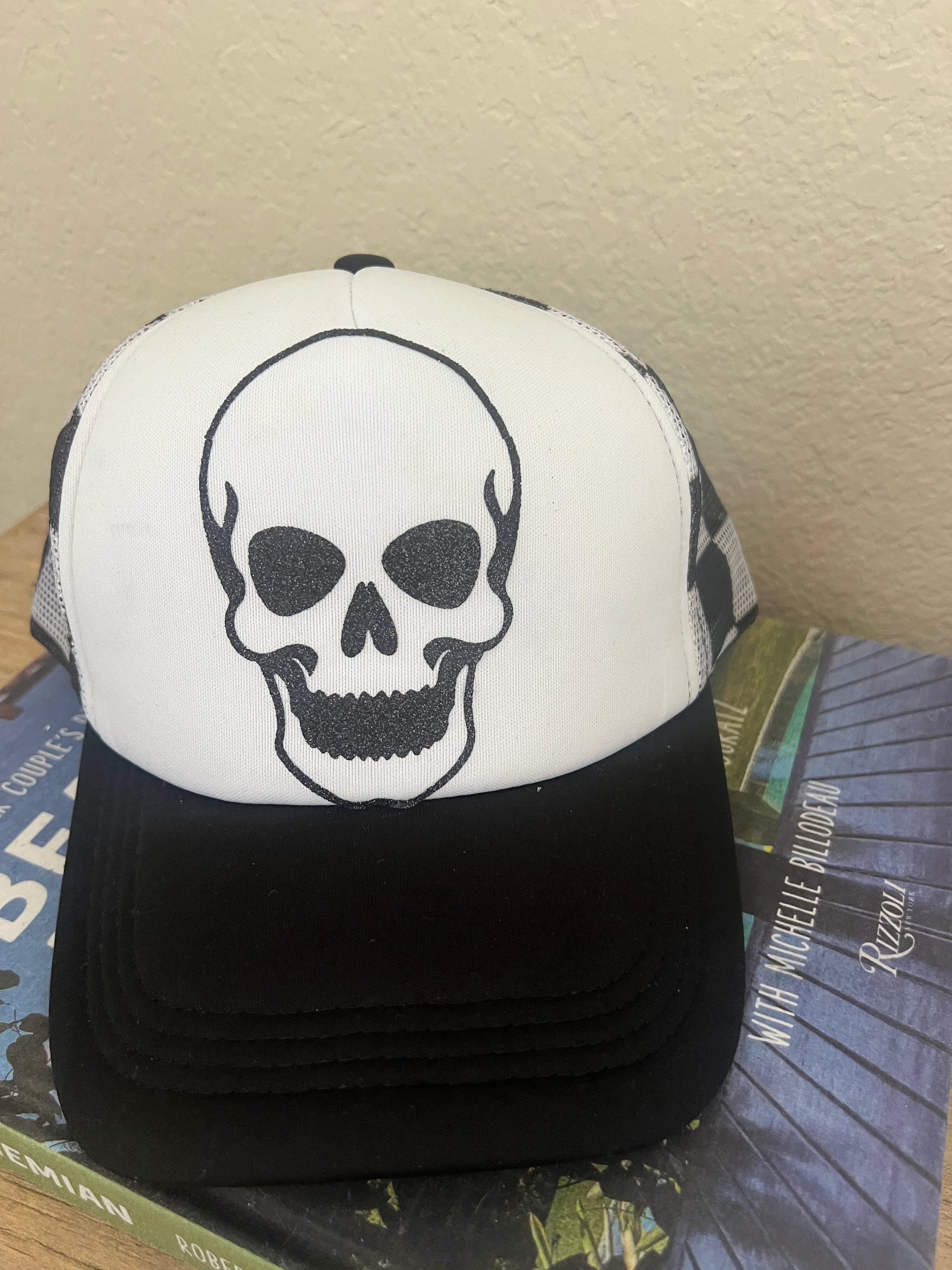 MALIBU HIPPIE Glitter Skull Checkered Trucker Hat on Simply Obsessed