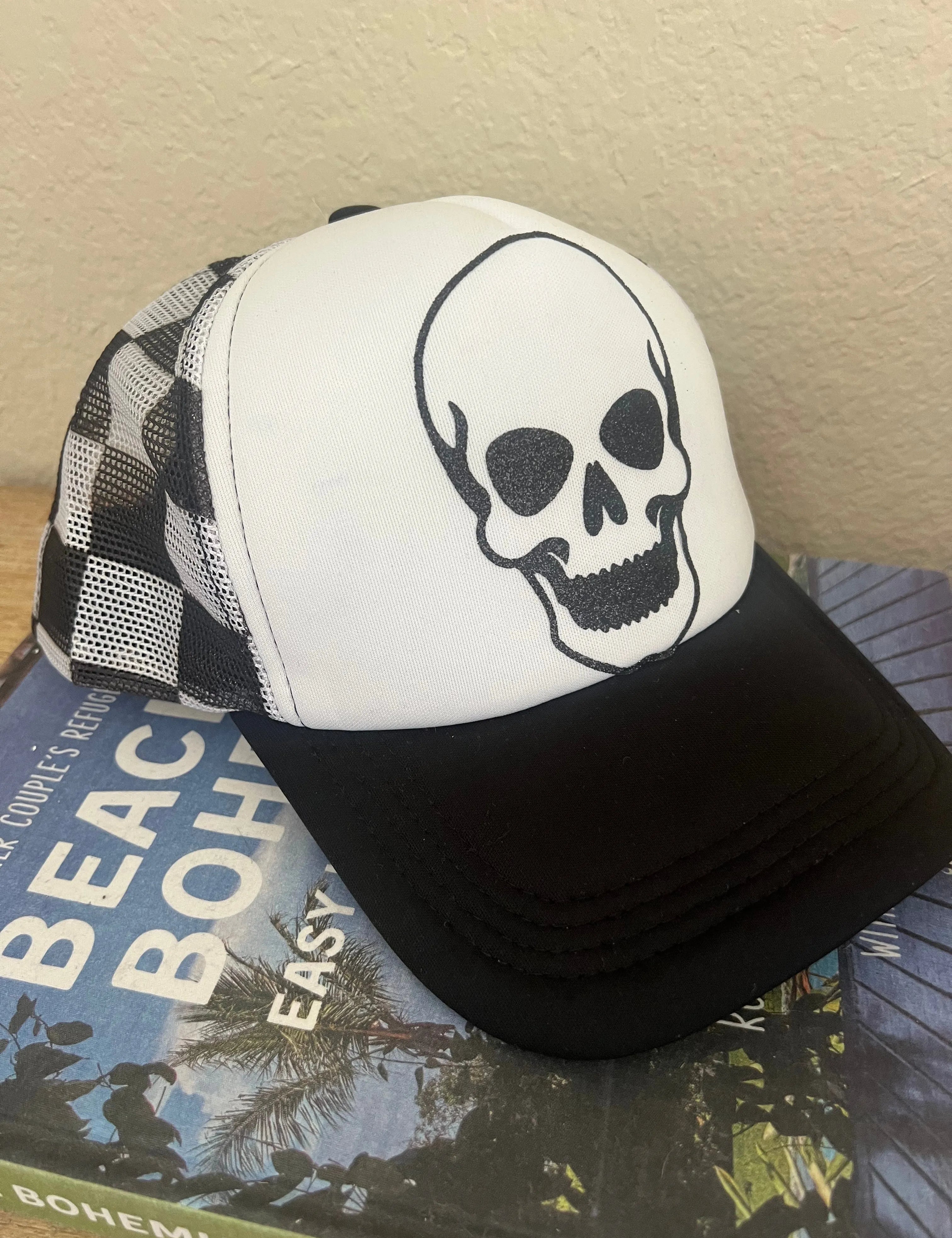 MALIBU HIPPIE Glitter Skull Checkered Trucker Hat on Simply Obsessed