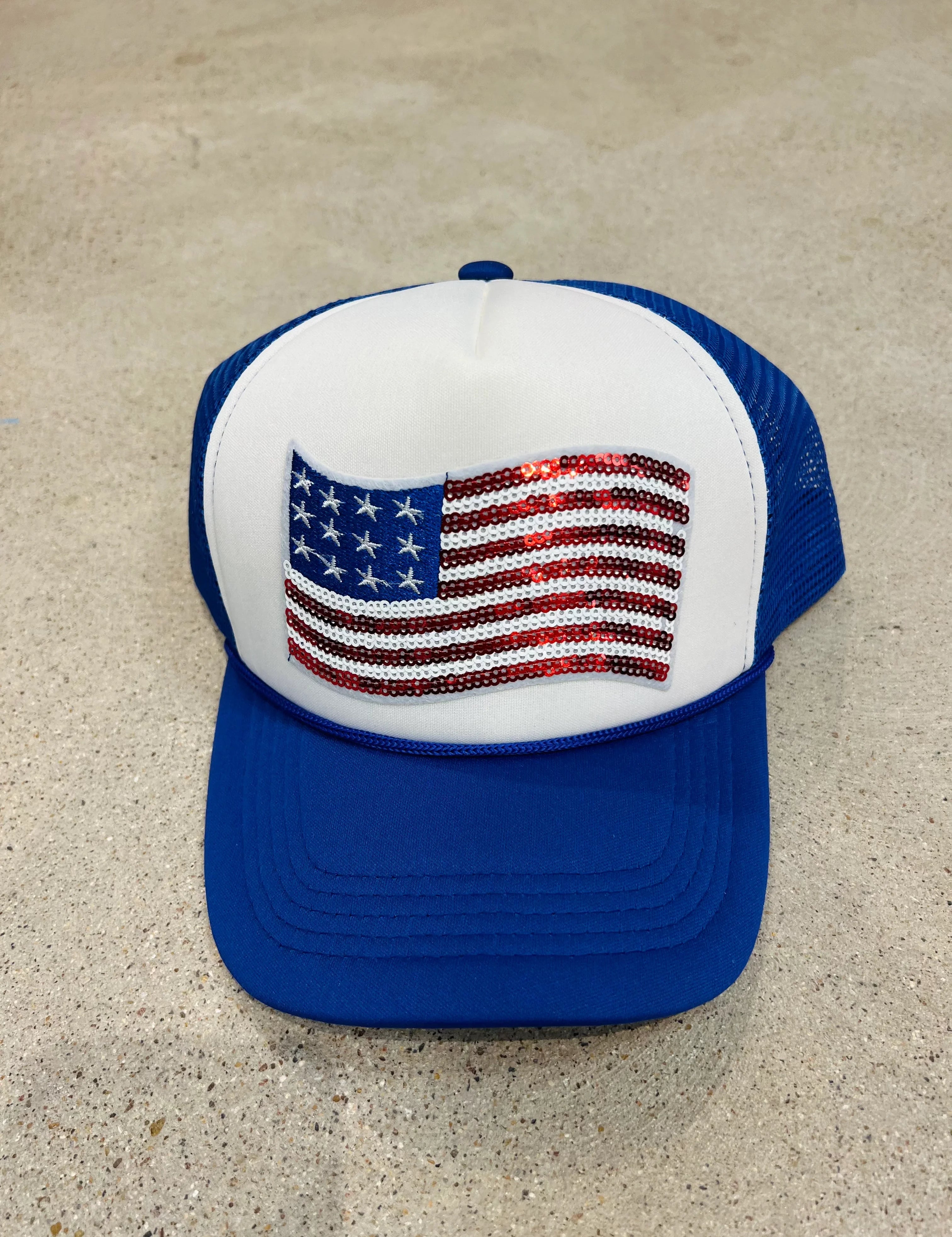 MALIBU HIPPIE Sequin American Flag Trucker Hat on Simply Obsessed