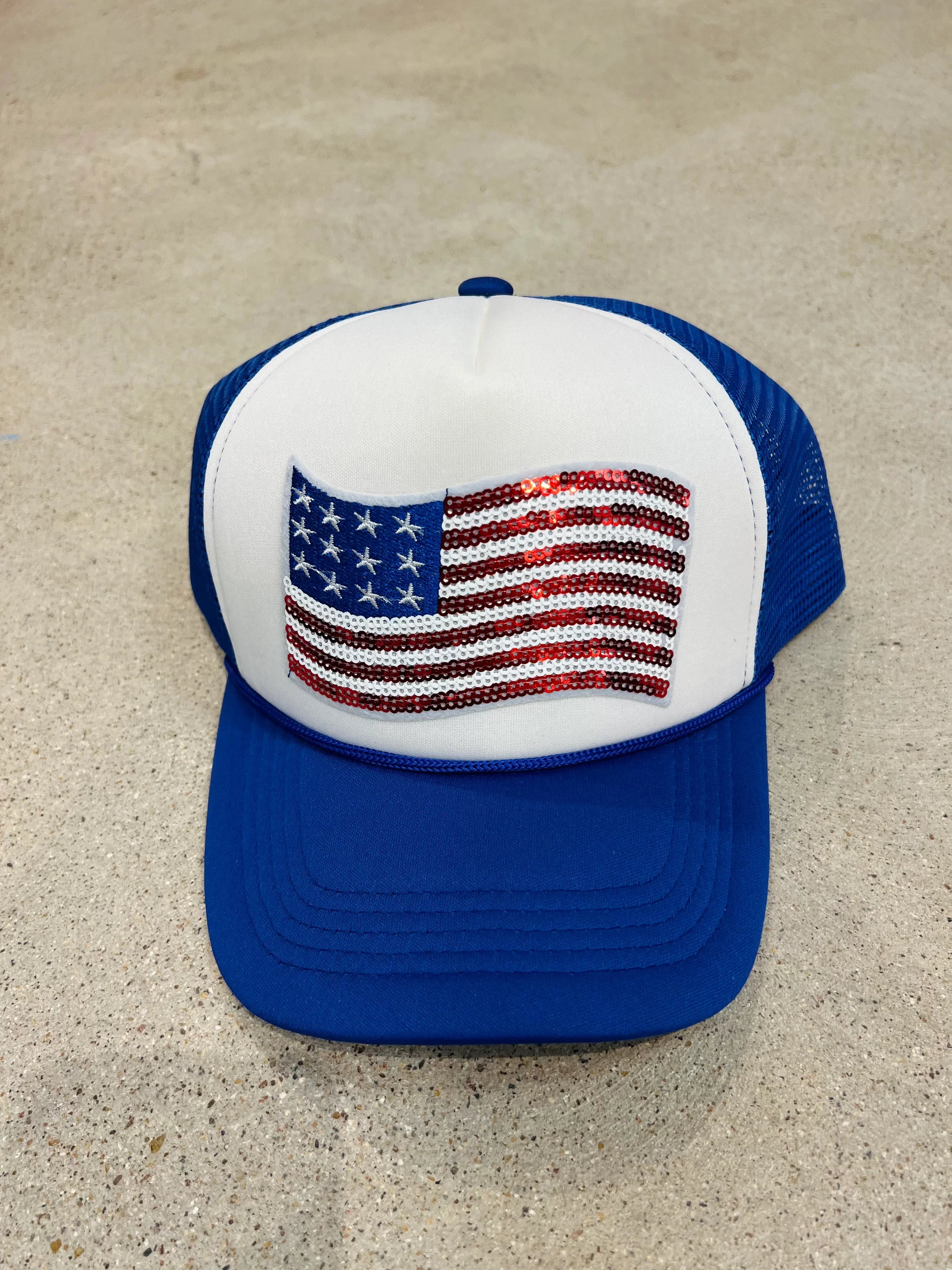 MALIBU HIPPIE Sequin American Flag Trucker Hat on Simply Obsessed