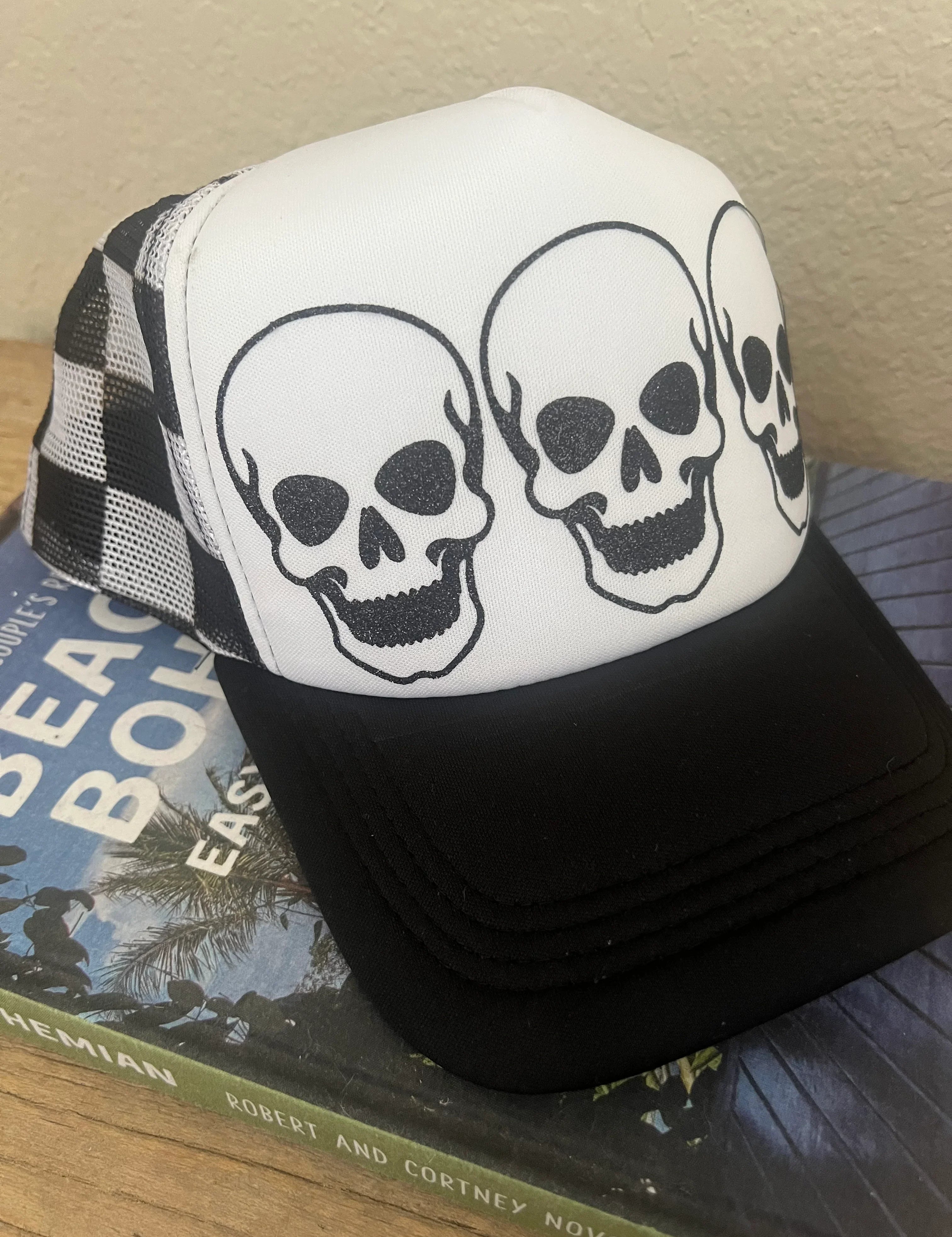 MALIBU HIPPIE Triple Glitter Skull Checkered Trucker Hat on Simply Obsessed