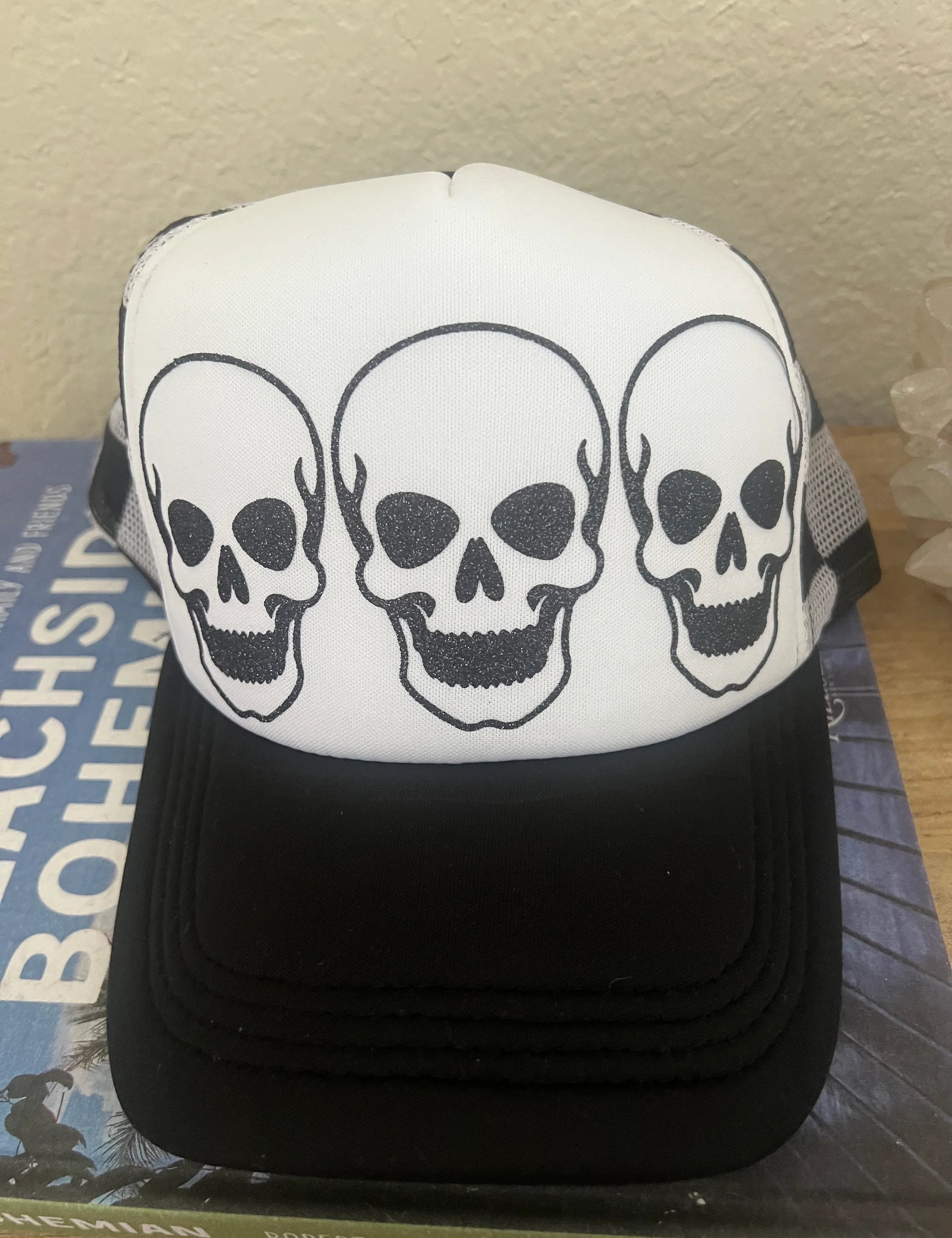 MALIBU HIPPIE Triple Glitter Skull Checkered Trucker Hat on Simply Obsessed