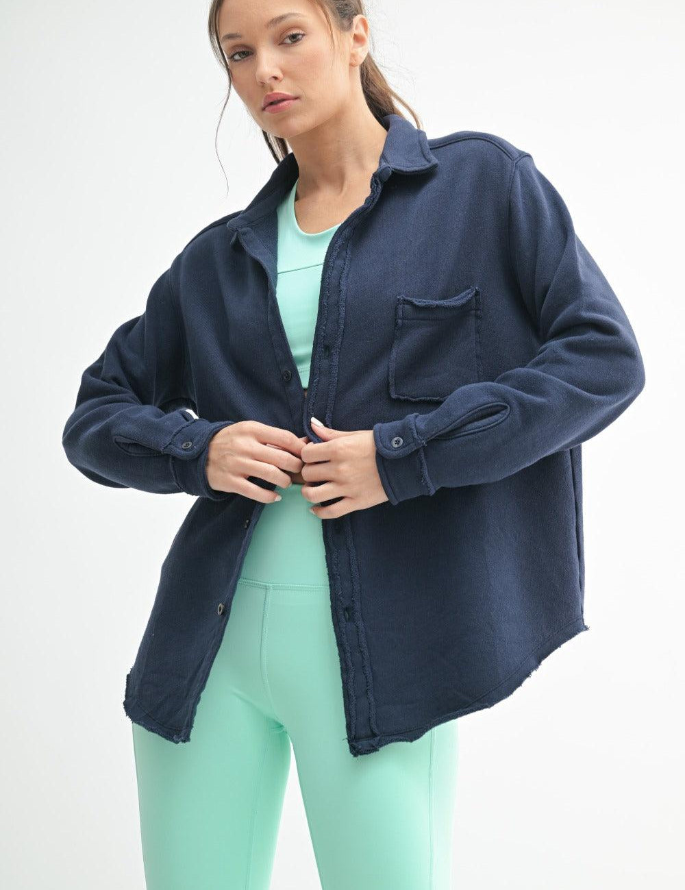 MONO B Distressed Buttonup Outerwear - NAVY on Simply Obsessed