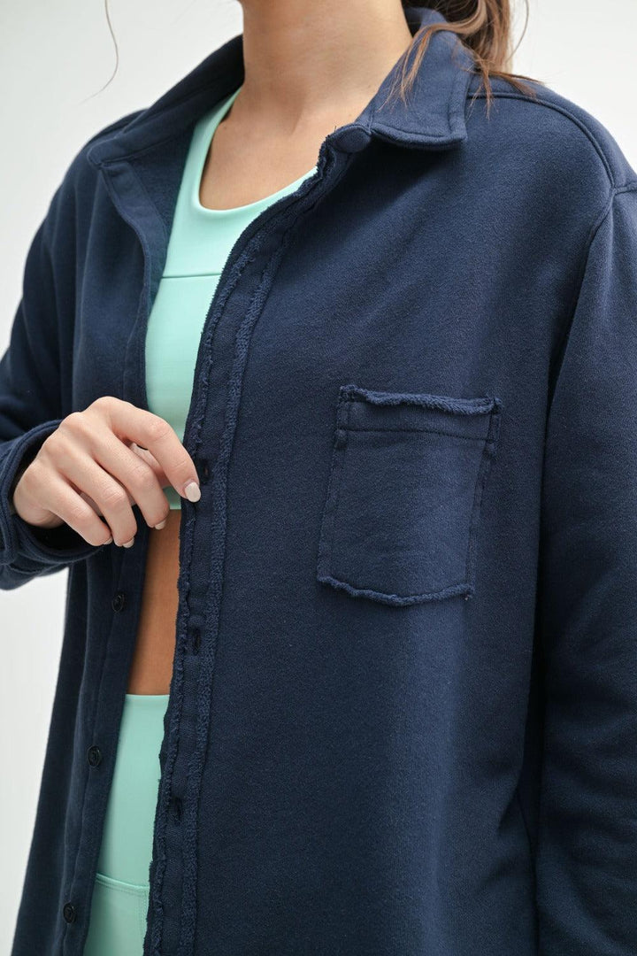 MONO B Distressed Buttonup Outerwear - NAVY on Simply Obsessed