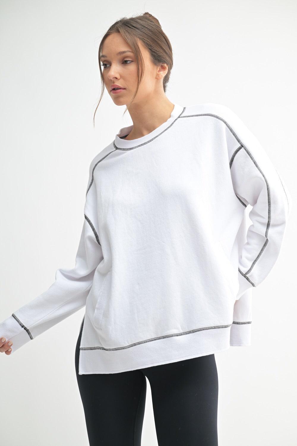 MONO B Stitch Accent Long Sleeve Sweater - WHITE/BLACK on Simply Obsessed