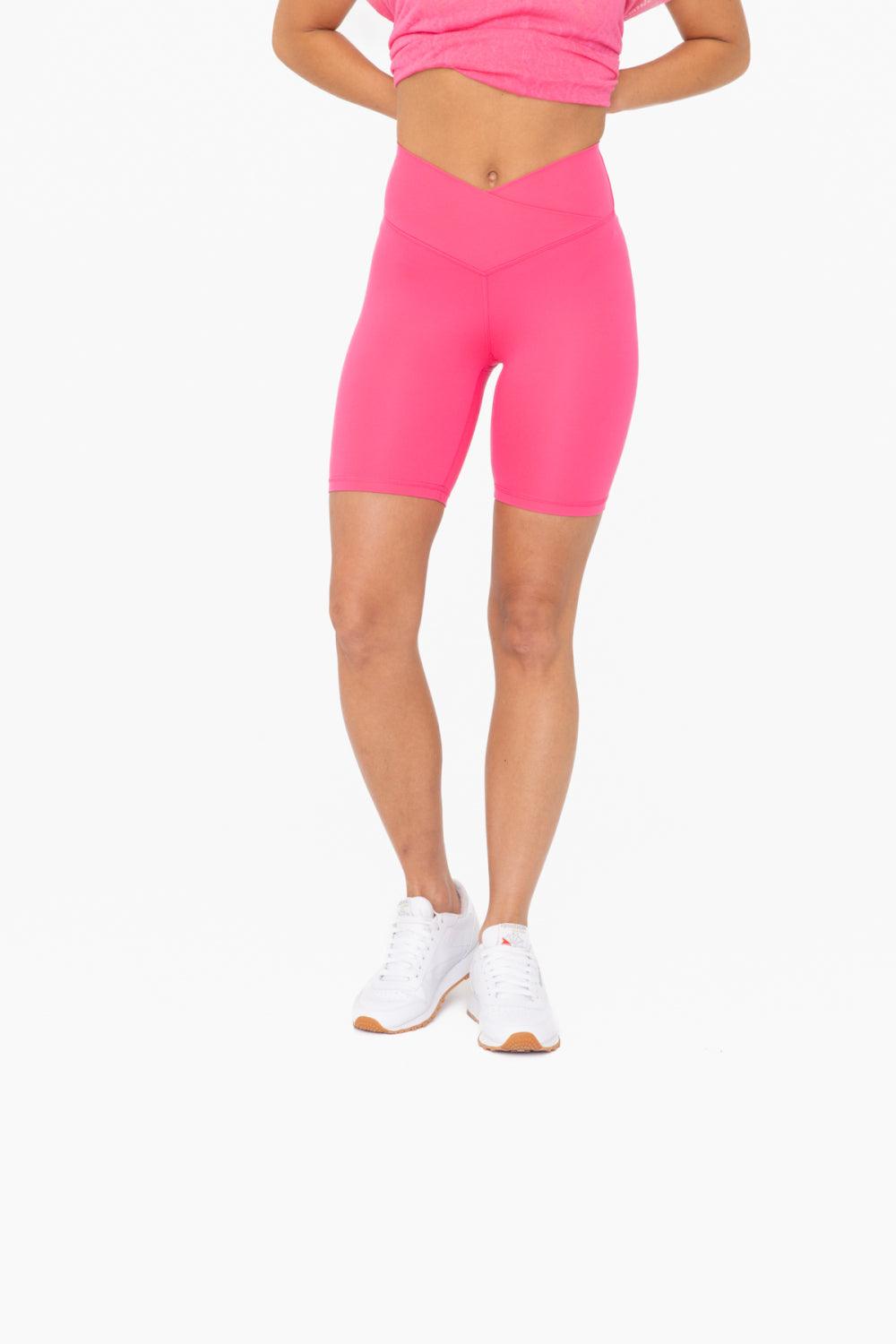 MONO B Venice Crossover Waist Biker Shorts - HOT PINK on Simply Obsessed