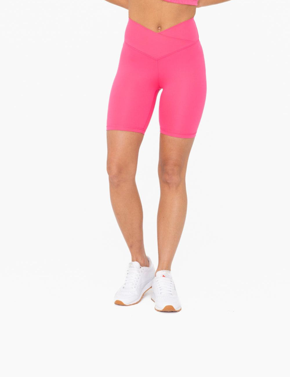 MONO B Venice Crossover Waist Biker Shorts - HOT PINK on Simply Obsessed