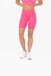 MONO B Venice Crossover Waist Biker Shorts - HOT PINK on Simply Obsessed