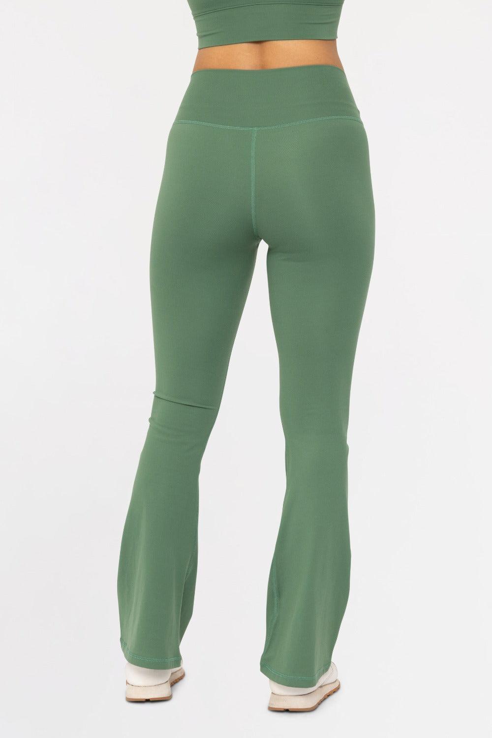 MONO B Venice Scrunch Waist Flared Pants - DARK BASIL on Simply Obsessed