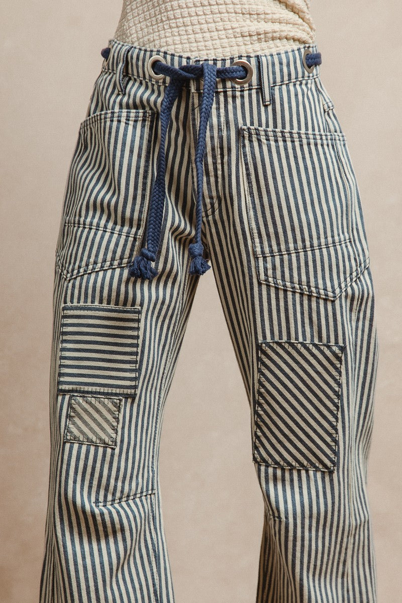 BIBI Striped Twill Barrel Pants-NAVY